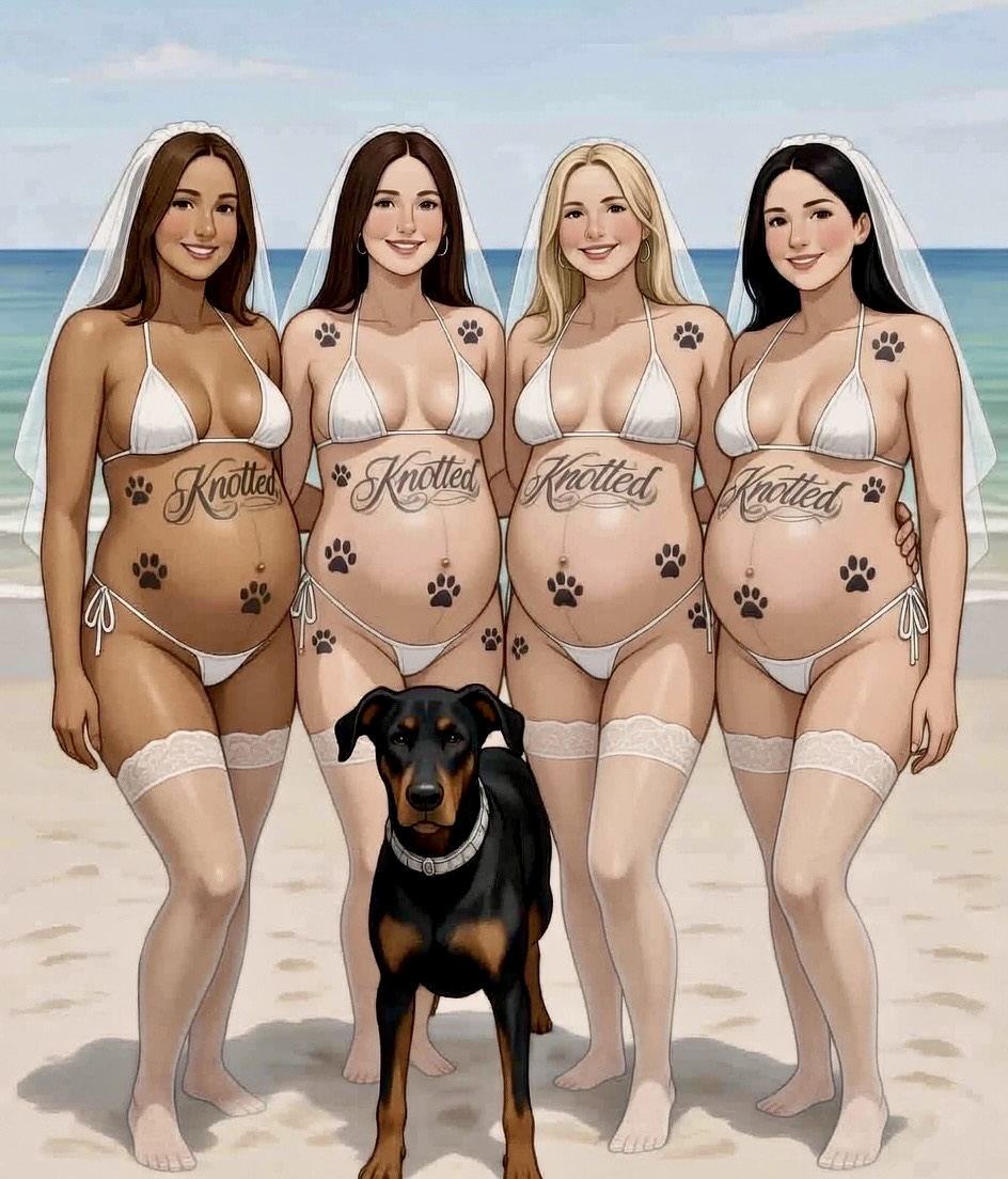 1boy, 2d, 4girls, ai generated, beach, bestiality marriage, bestiality tattoo, bikini, blonde hair, bridal veil, brown hair, canine, canine on human, female, female on feral, feral, feral on female, feral on human, human, human female, human on feral, imminent bestiality, imminent sex, implied bestiality, implied sex, interspecies, interspecies pregnancy, light skin, looking at viewer, married female, married to feral, medium breasts, multiple girls, outside, pale skin, paw print, paw tattoo, pawprint, paws, polygamy, pregnancy, pregnant, pregnant belly, pregnant female, smiling, smiling at viewer, stockings, tattoo, thighhighs, unknown artist, wedding veil, white female, zoophilia, zoophilia pregnancy