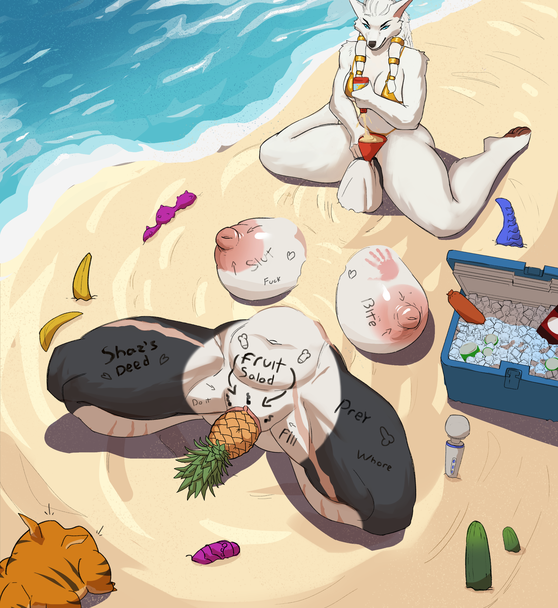 2025, absurd res, anthro, areola, athletic, athletic anthro, athletic female, beach, beach wear, belly, big areola, big breasts, big nipples, bikini, bikini bottom, bikini top, black body, black fur, blizzard entertainment, body writing, breasts, bullying, buried, buried in sand, canid, canine, canis, chest scar, clitoral hood, clitoris, clothing, cooler, countershade torso, countershading, degradation, directional arrow, duo, evil grin, exhibitionism, extreme penetration, female, female/female, fluffy, food, force feeding, forced, forced exhibitionism, forced exposure, free use, fruit, fruit insertion, funnel, funnel in mouth, fur, genitals, gold (metal), gold bikini, gold jewelry, grey body, grey fur, hand print, hi res, humiliation, instruction on body, jewelry, lakaiger, large insertion, leg scar, mammal, mane, mucci, multicolored body, multicolored fur, mythological canine, mythological creature, mythology, navel, nipples, nude, nude anthro, object insertion, object penetration, outside, pawpads, paws, penetration, plant, prank, public, public exposure, public humiliation, public nudity, public use, questionable consent, sand, scar, scars all over, sex toy, size difference, sleep molestation, sleep sex, sleeping, small dom big sub, smile, snout, spank marks, stretched vagina, swimwear, symbol, thick thighs, tuft, two tone body, two tone fur, two-piece swimsuit, vaginal penetration, warcraft, water, werecanid, werecanine, werecreature, werewolf, white body, white fur, wolf, worgen