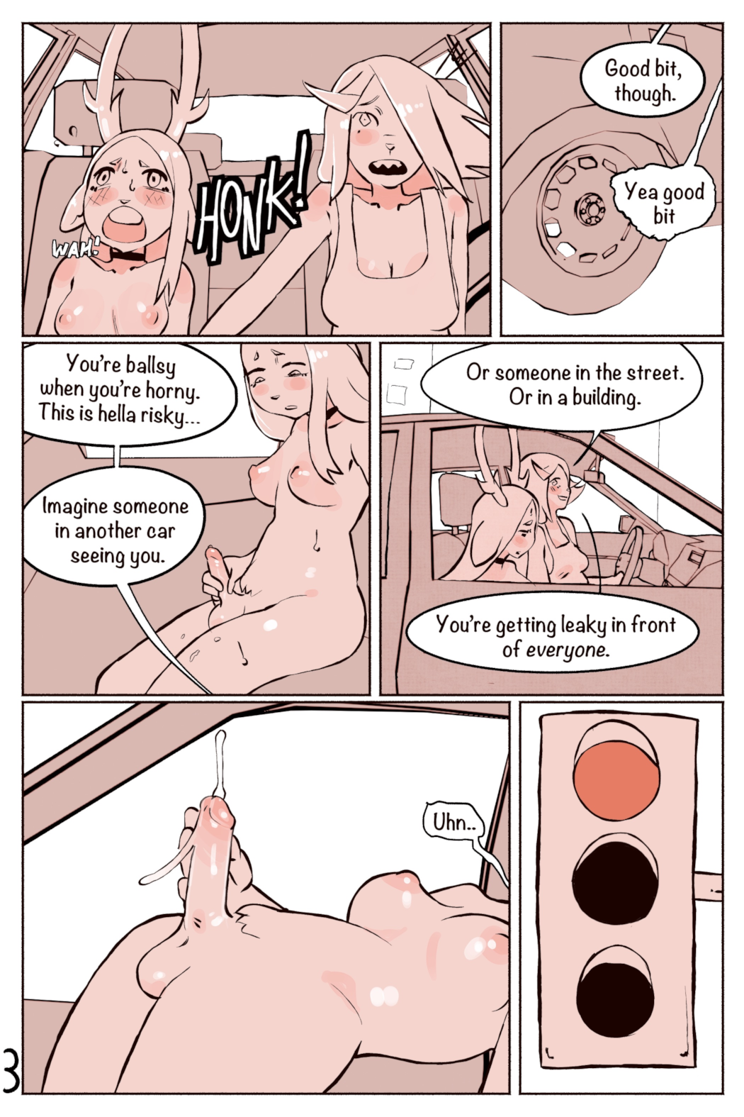 anthro, antlers, balls, bodily fluids, breasts, canid, canine, car, carrie (ombwie), clothing, comic, deer, digital media (artwork), duo, english text, erection, exhibitionism, female, genital fluids, genitals, glans, gynomorph, gynomorph/female, hair, hi res, horn, inside car, inside vehicle, intersex, intersex/female, mammal, masturbation, nipples, nude, ombwie, penis, text, traffic light, val (ombwie), vehicle