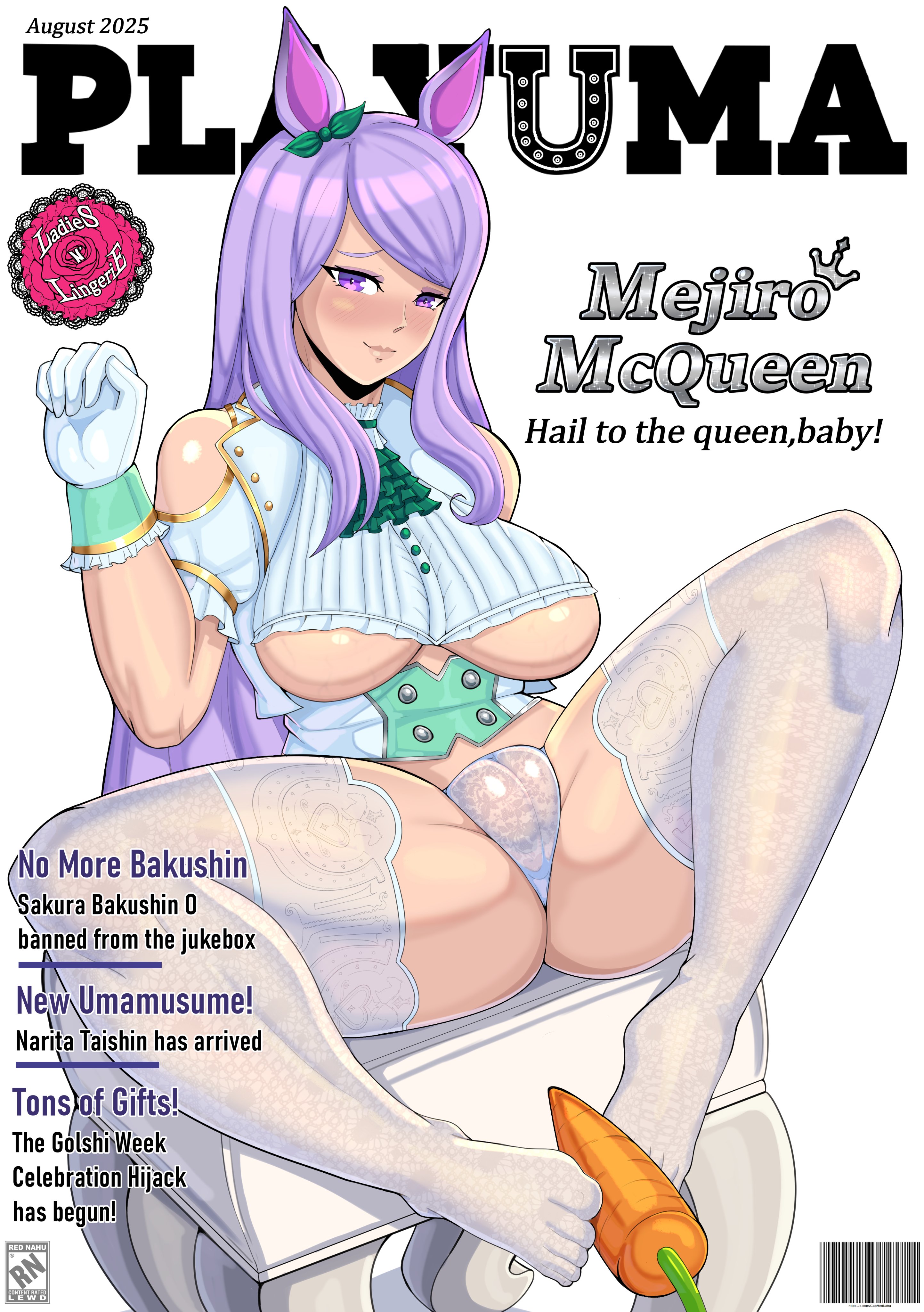 1girls, 2025, august, barcode, bare shoulders, blush, cameltoe, carrot, cover, crown, female, food, gloves, hair ribbon, hand up, horse ears, horse girl, horseshoe, legwear, long hair, mejiro mcqueen (umamusume), nahusmash, panties, partially clothed, purple eyes, purple hair, ribbon, solo, solo female, spread legs, stockings, thighhighs, umamusume, white legwear, white panties