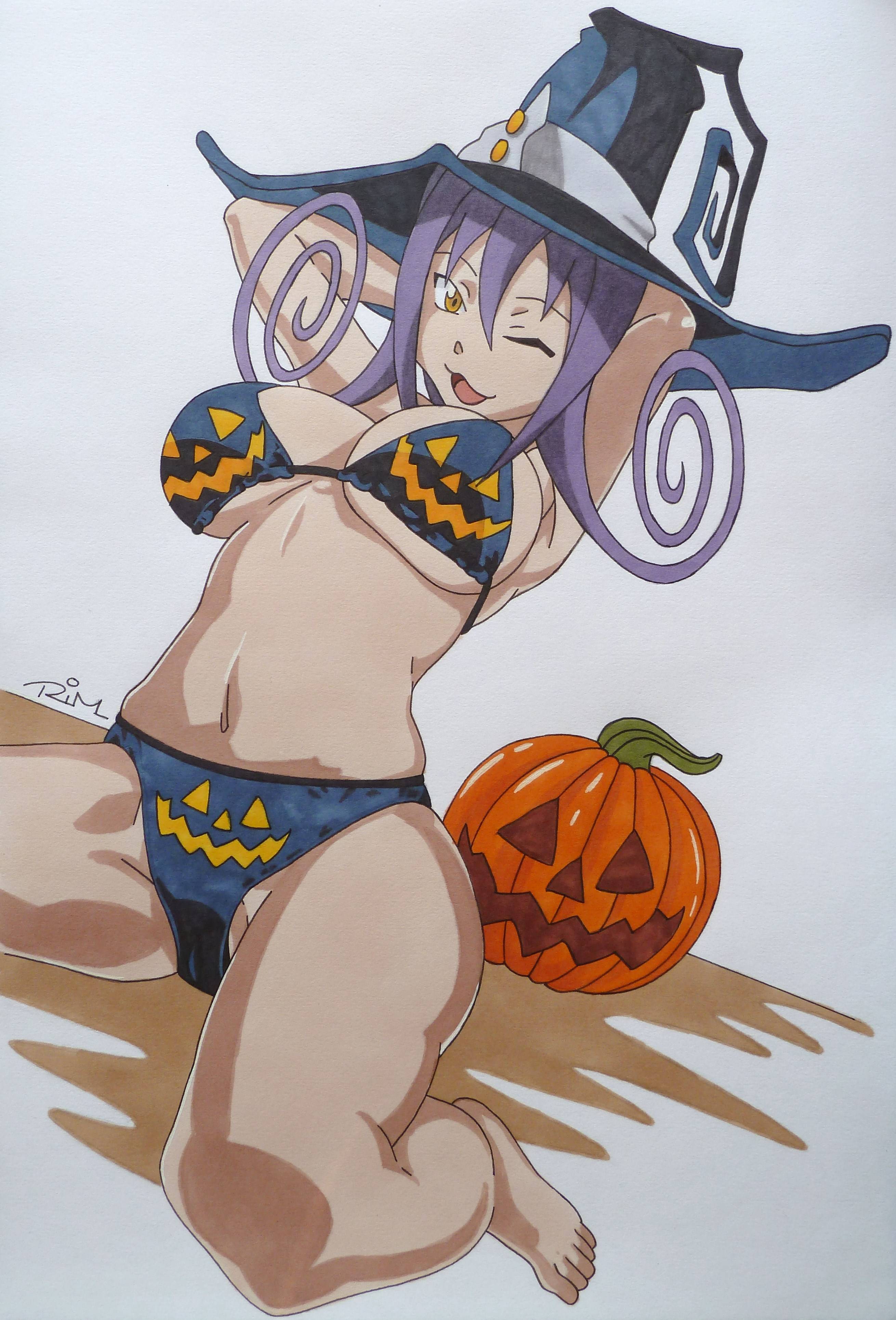 :p, 1girls, absurdres, andava, artist name, blair (soul eater), bra, breasts, female, hat, highres, huge filesize, large breasts, long hair, panties, purple hair, solo focus, soul eater, tongue, witch hat, yellow eyes