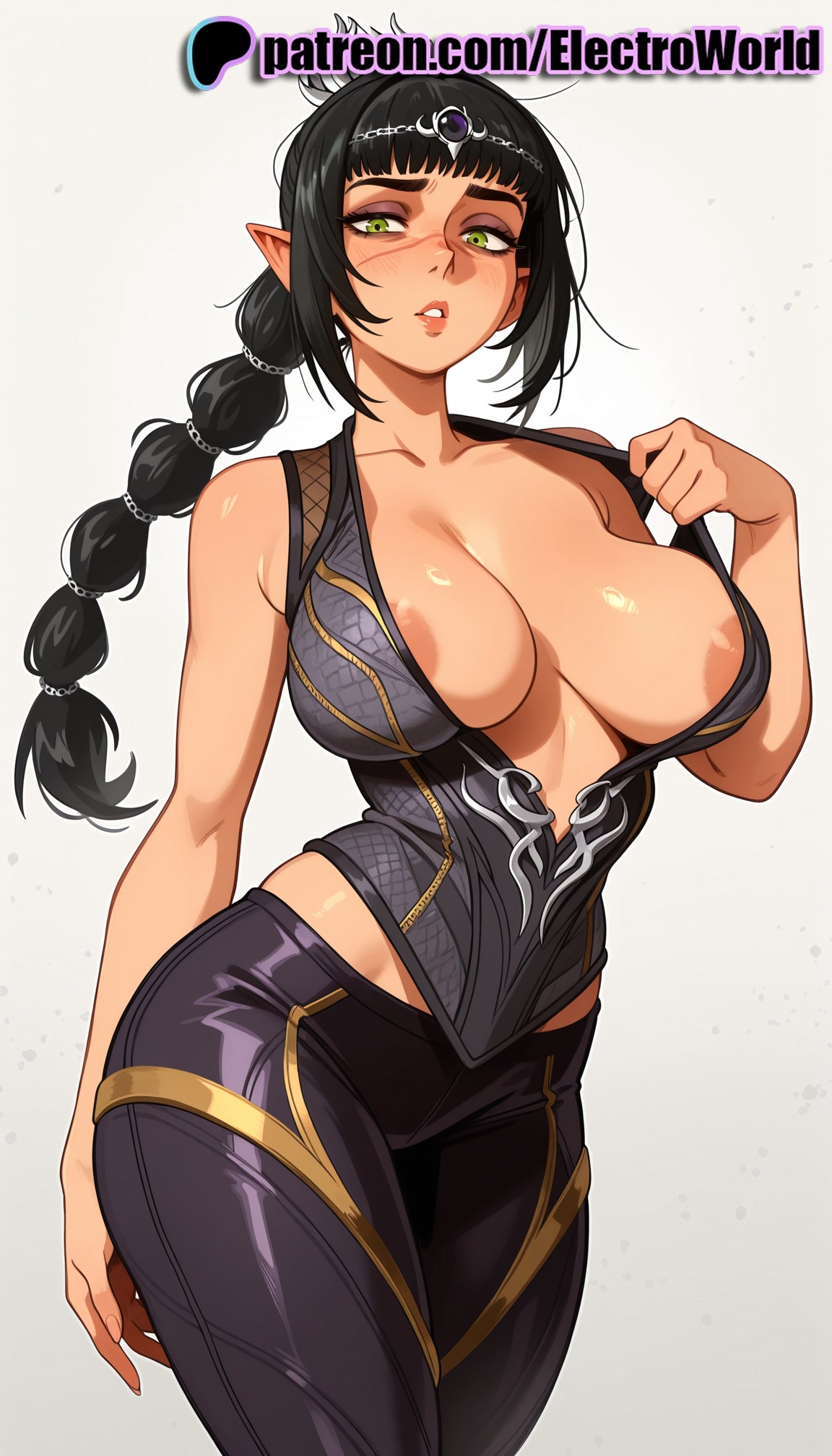 1girls, 2026, ai generated, artist name, baldur's gate 3, big breasts, big chest, black hair, blush, breasts, bust, busty, chest, electroworld, elf, exposed nipples, female, gradient, gradient background, green eyes, hi res, high quality, high resolution, highres, large breasts, long hair, low-tied long hair, nipples, nipples outside, patreon, patreon username, pointy ears, shadowheart, solo, stable diffusion, watermark