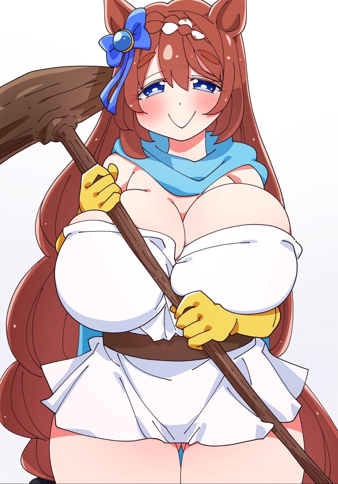 :>, ass visible through thighs, auburn hair, axe, big thighs, blue eyes, blush, blushing at viewer, breasts, breasts bigger than head, breasts bigger than torso, brown hair, busty, busty female, curvy, curvy female, cute, cute face, dragon quest, dragon quest iii, female, female only, ginger, ginger hair, hips, hips wider than shoulders, horse, horse ears, horse girl, horse tail, hourglass figure, kaijin debeso, long hair, looking, looking at viewer, pale skin, pale-skinned female, revealing, revealing breasts, sage (dq3) (cosplay), sexy, sexy body, skimpy, skimpy clothes, super creek (umamusume), thick thighs, thighs, umamusume, umamusume pretty derby