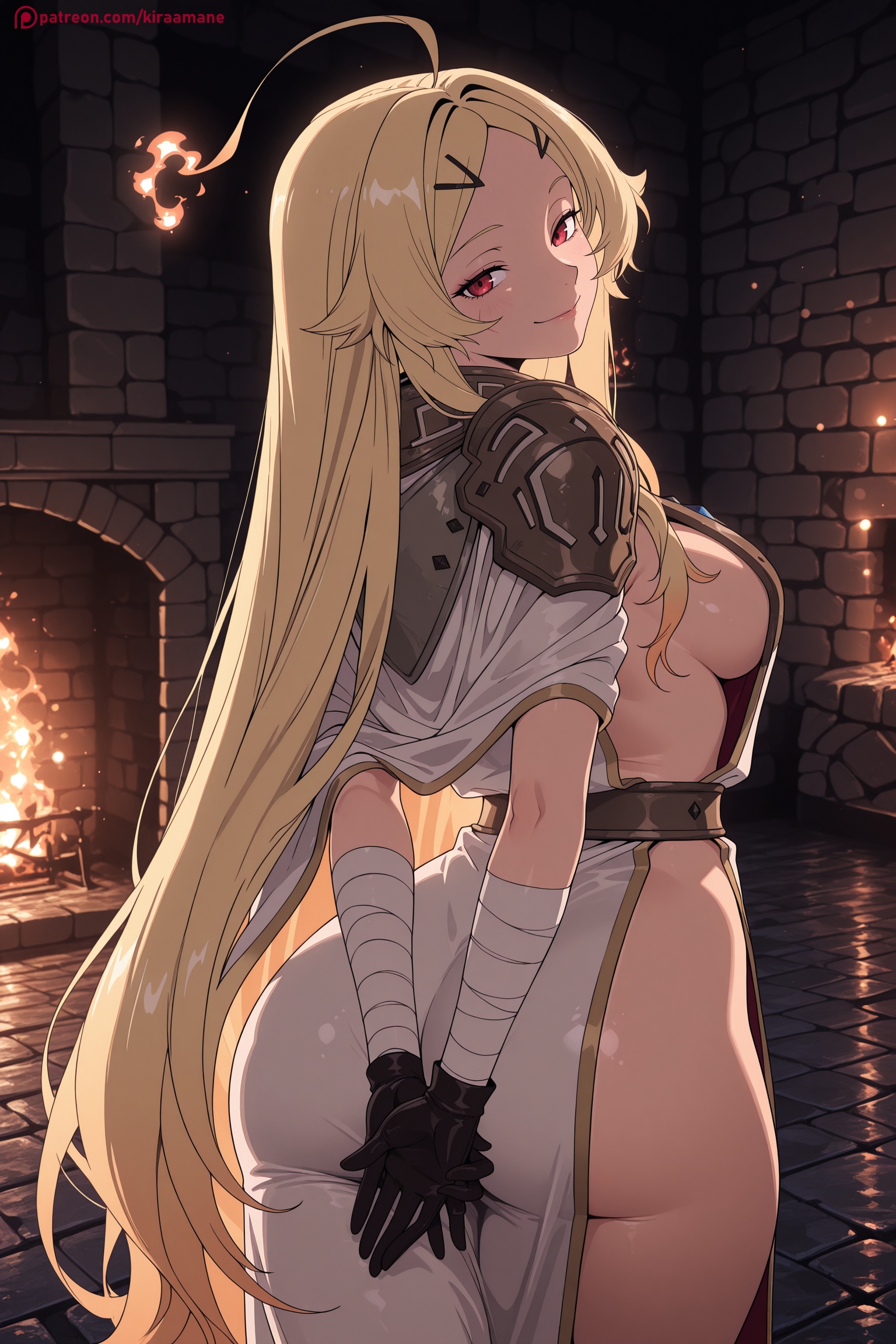 ahoge, ai generated, ass, bandages, bangs, black gloves, blonde hair, breasts, brick wall, closed mouth, eyebrows visible through hair, female, female only, fence, gloves, hair ornament, hi res, high quality, high resolution, kiraamane, large breasts, long hair, looking at viewer, looking back, parted bangs, patreon, red eyes, seductive, sexy, sideboob, smile, solo, teoritta, uncensored, very long hair, watermark, yuushakei ni shosu