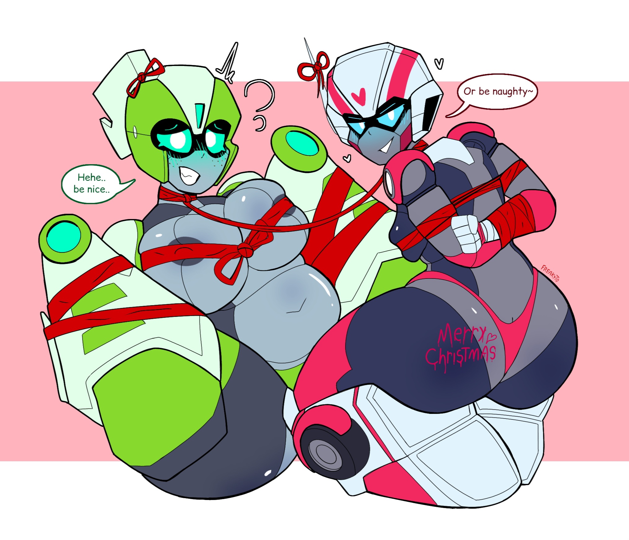 2026, 2girls, arcee, arms behind back, ass, belly, bondage, boobs covered, christmas, chubby, chubby female, covered nipples, digital drawing (artwork), digital media (artwork), fan design, female only, female/female, freakyyto, gift wrapped, girlfriends, greenlight, legs spread, looking at viewer, looking back at viewer, on knees, pervert female, shy, source, tied up, transformers, yuri