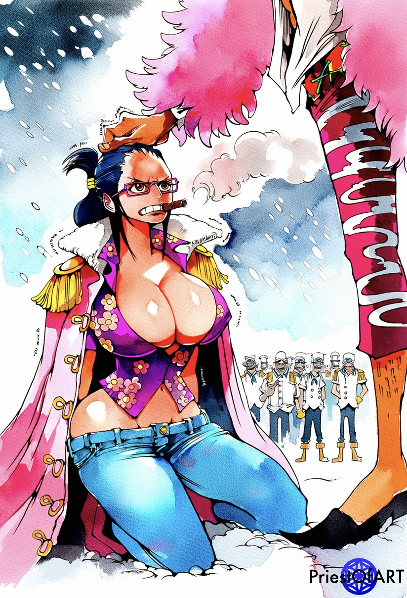 1boy, 1girls, ai generated, angry, big breasts, black hair, black-haired female, cape, cigarette, crowd, donquixote doflamingo, female, glasses, hand on head, huge breasts, jeans, kneeling, male, one piece, outdoors, priestofart, public, shiny, shirt, smoker (one piece), smoker/tashigi (shambles), smoking, snow, tashigi, watercolor, watercolor (artwork), watermark, winter