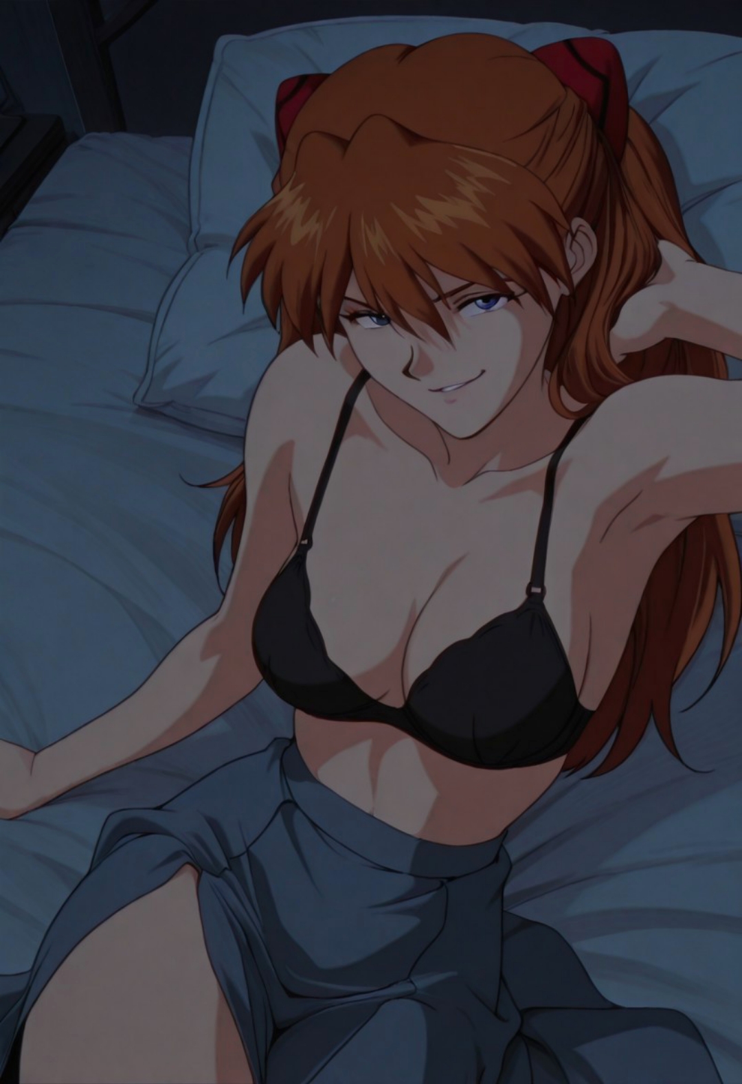 ai generated, anime style, arm up, armpit, asuka langley sohryu, bed, bedroom, bedroom eyes, blue eyes, bra, breasts, collarbone, female focus, female only, fit female, half naked, half-dressed, hand behind head, hand on head, indoors, light skin, light-skinned female, lingerie, long hair, looking at viewer, naughty face, neon genesis evangelion, nordinex5, on bed, pale skin, pale-skinned female, red hair, seducing, seductive, seductive body, seductive eyes, seductive look, seductive pose, seductive smile, sexy, sexy pose, shirtless, shoulders, skirt, slim, slim female, slim waist, solo female, solo focus, stable diffusion, topless, topless female