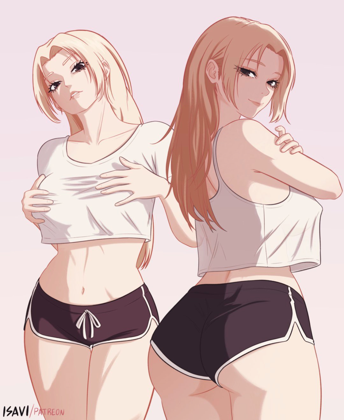 1girls, ass, ass focus, ass peek, belly, belly button, big ass, big butt, big thighs, blonde female, blonde hair, blonde-haired female, booty, booty shorts, breasts visible through clothing, brown eyes, crop top, curvy, curvy figure, female, female focus, female only, hands on ass, isavi, juicy lips, jujutsu kaisen, looking at viewer, medium breasts, nipple bulge, sexy, sexy body, shorts, sideboob, solo, solo female, solo focus, thick thighs, thighs, tummy, yuki tsukumo