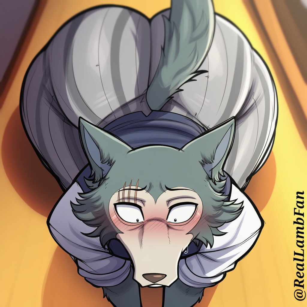 1boy, ai generated, anthro, aroused, ass focus, ass up, beastars, big ass, black nose, blush, bubble butt, canine, dat ass, dripping, dynamic angle, exaggerated proportions, fat ass, fluffy tail, from below, fur detail, furry, glossy, glossy fur, glossy texture, grey fur, hoodie, huge ass, hyper proportions, indoors, legoshi (beastars), liquid drip, looking back, low angle, male, muscular thighs, partially dressed, partially lifted, pleading, pov, presenting, presenting hindquarters, reallambfan, shiny, shiny fur, shiny highlights, shirt, solo, sweat, sweat (arousal), sweatdrop, tail raised, thick legs, thick thighs, wet, wet shine, white fur, wide eyes, wolf