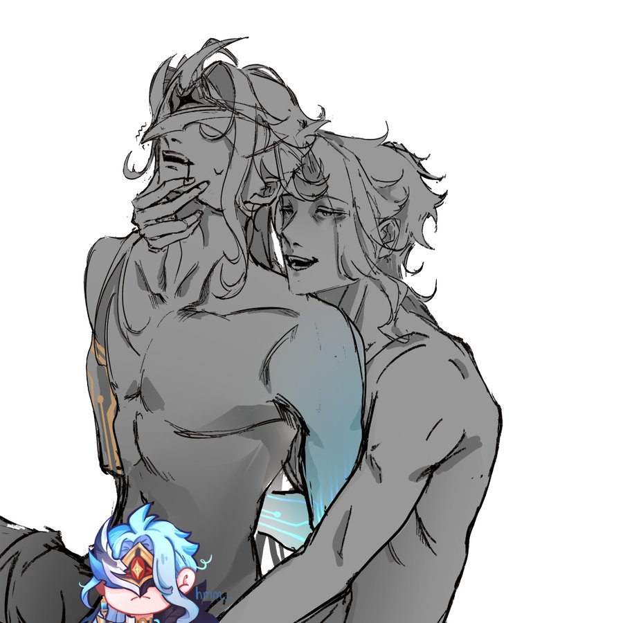 2boys, censor bar, dottore (genshin impact), gay, genshin impact, handjob, male, male only, mask, nipples, no shirt, self love, selfcest, smiling, yaoi