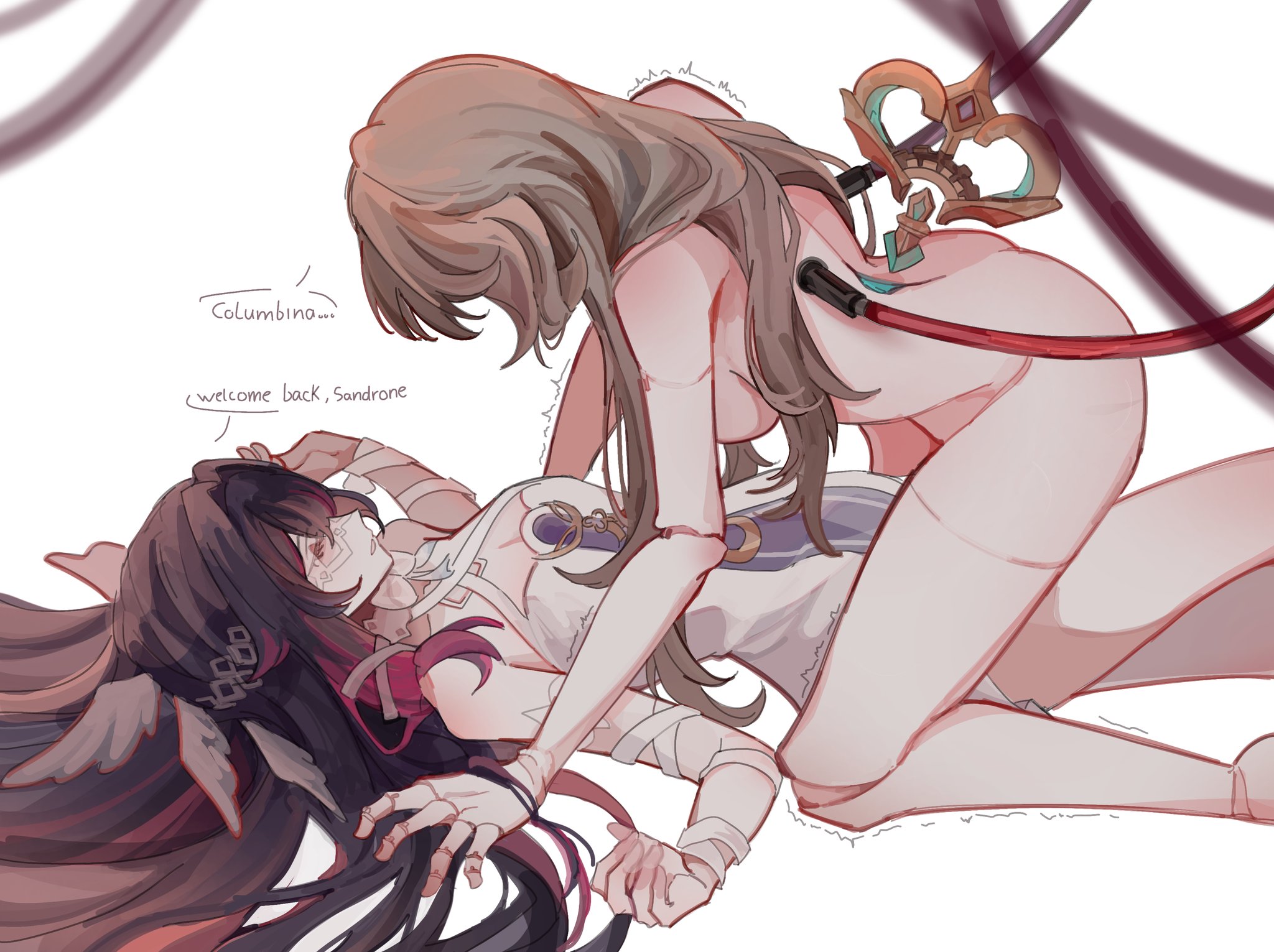 ass, ball joints, black hair, blonde hair, breasts, columbina (genshin impact), doll, genshin impact, no sex, nude, pinned down, puppet, sandbina, sandrone (genshin impact), shaking, wholesome, yuri
