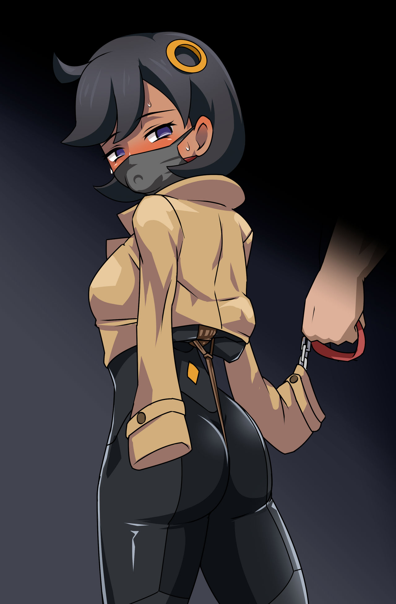aged up, ball gag, blush, bondage, crotch rope, dark blue eyes, dark hair, detective, emma (pokemon legends: z-a), emma (pokemon), framleaper, gagged, good girl, hair ornament, hands behind back, hands tied behind back, high quality, jacket, juicy ass, leash, leather bodysuit, matiere (pokemon legends: z-a), matiere (pokemon), off screen male character, otn gag, pokemon, pokemon legends: z-a, public bondage, rope bondage, rope harness, submissive, submissive female, surgical mask, sweating, tanned female, walking, walking away