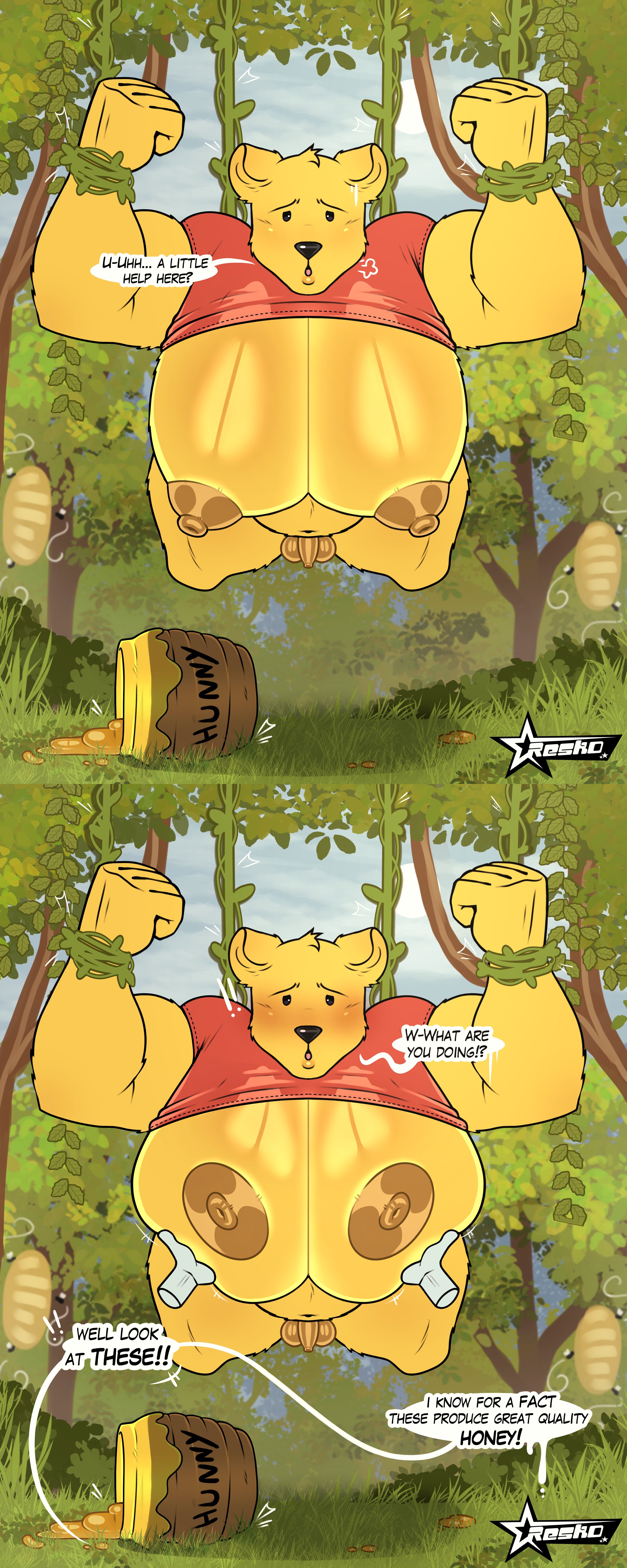 alternate version at source, alternate version available, anthro, bear, big breasts, furry, heavy breasts, huge breasts, male, male breasts, male only, male with breasts, pooh bear, resko gothzebra, small penis, yellow body