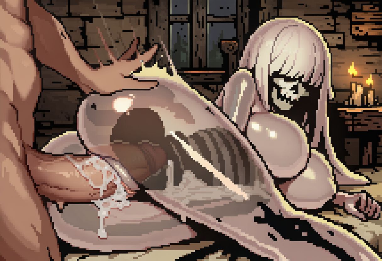 1boy, 1girls, ai generated, bones, breasts, cum, cum in pussy, cumdrip, ejaculation, female, goo creature, hair over eyes, horror, horror (theme), large breasts, lime (paigen), looking back, looking back at partner, male, monster girl, on side, original, original character, paigen, penis, pixel art, pussy, skeleton, skull, skull face, slap, slapping ass, slapping butt, slime, slime girl, undead, vaginal penetration, vaginal sex, visible skeleton, white hair