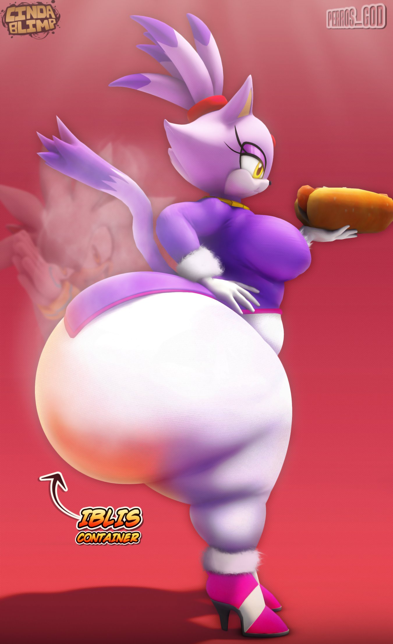 1boy, 1girls, 3d, anthro, ass, blaze the cat, breasts, chili dog, cindablimp, eating, eulipotyphlan, evil container, feline, female, gigantic breasts, heat, high heels, hyper, hyper ass, large breasts, meme, perros god, purple hair, sega, side view, silver the hedgehog, sonic (series), sonic the hedgehog (series), steam, thick thighs, tight pants, weight gain, wide hips, yellow eyes