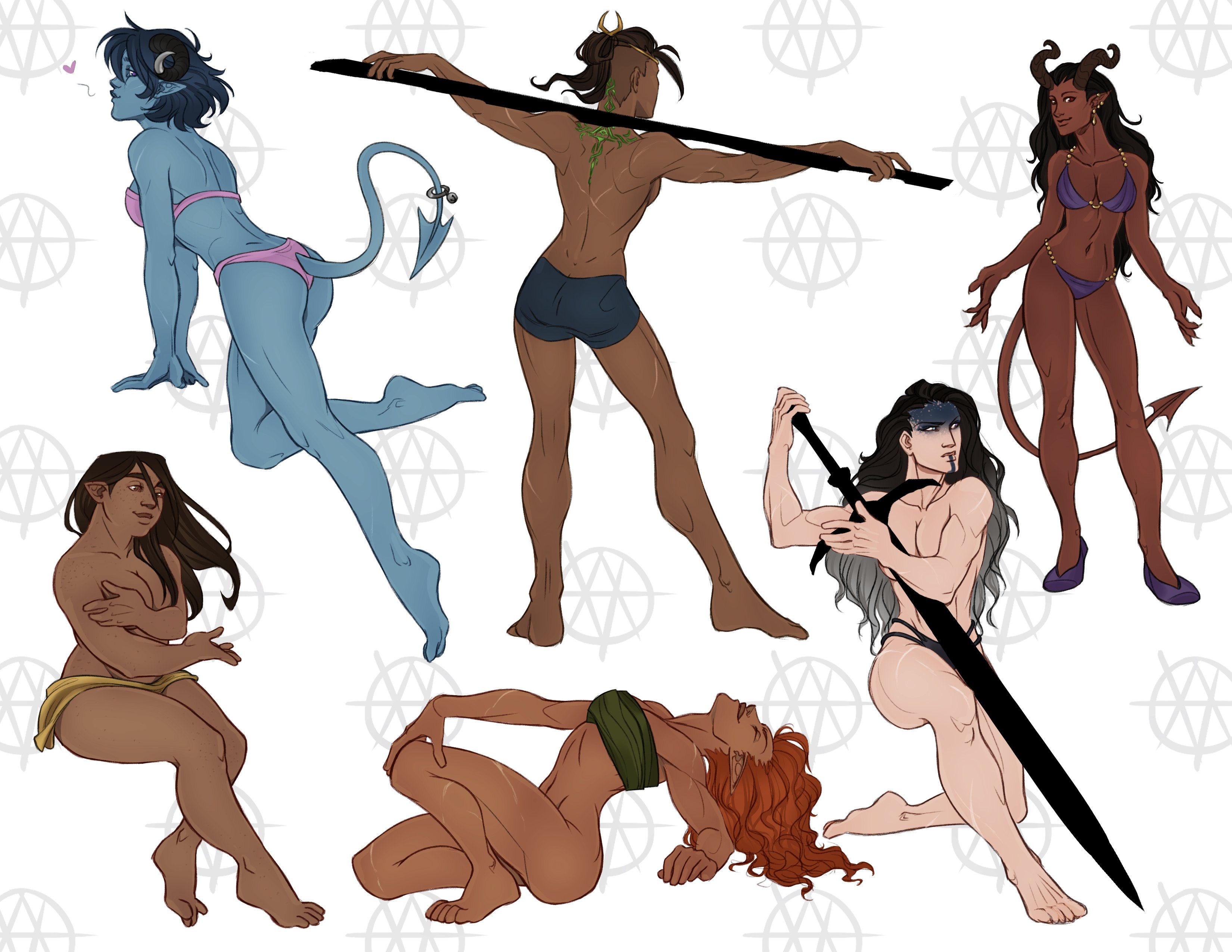 aasimar, barefoot, beauregard lionett, blue skin, bottomless, bra, casual, critical role, critical role: the mighty nein, dark skin, dungeons and dragons, elf, elf female, female, group, halfling, halfling female, human, jester lavorre, marion lavorre, multiple girls, nonsexual, nonsexual nudity, pale skin, panties, panties only, pinup, pointy ears, presenting, red skin, ruby of the sea, sword, tail, tanned skin, tiefling, tiefling girl, topless, underwear, underwear only, unknown artist, veth brenatto, yasha nydoorin