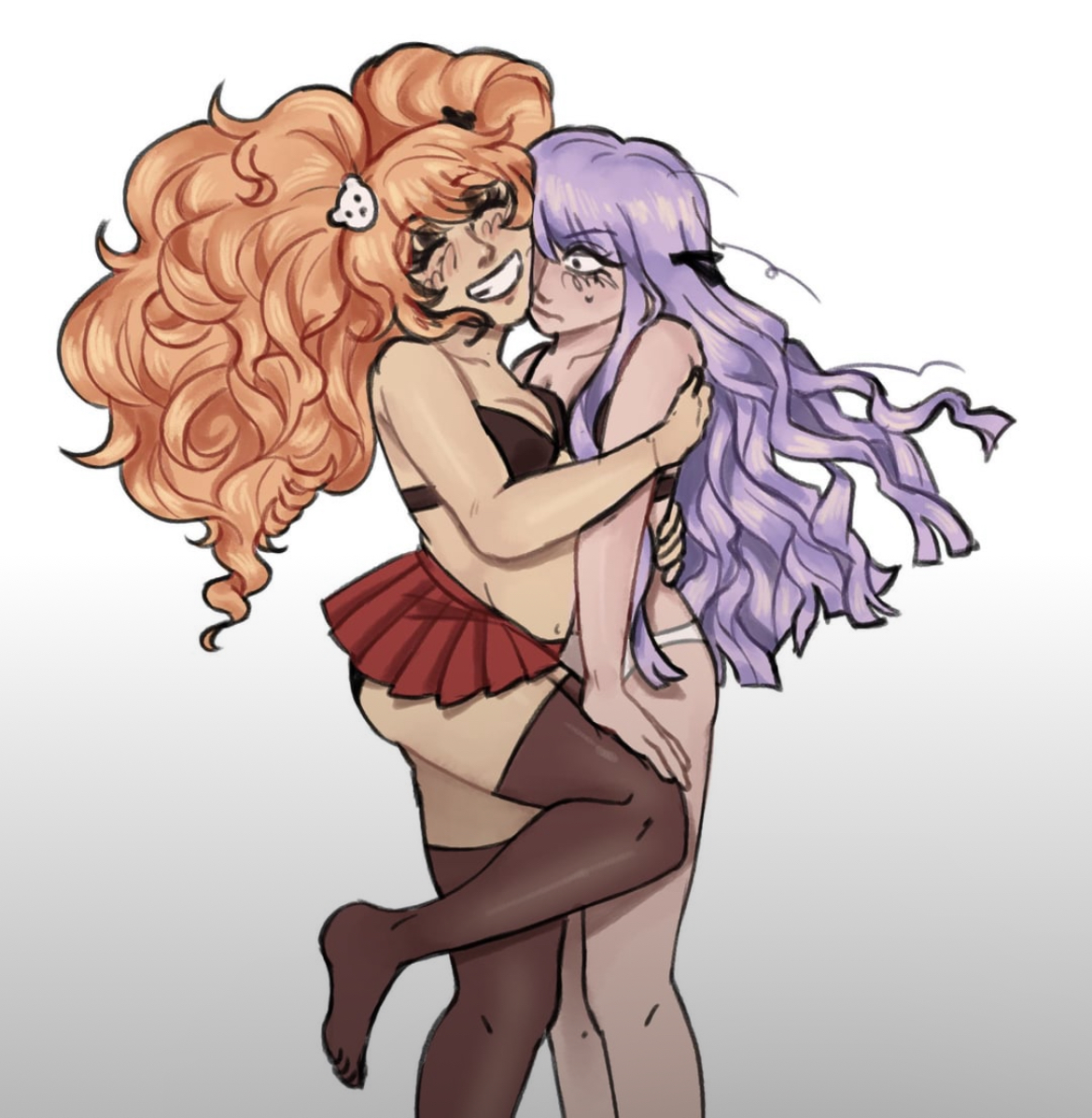 2girls, bra, danganronpa, embarrassed, female, female only, hugging, junko enoshima, kirigiri kyouko, multiple females, multiple girls, panties, skirt, spike chunsoft, thigh highs, thighhighs, tokiwigiwi, underwear, yuri