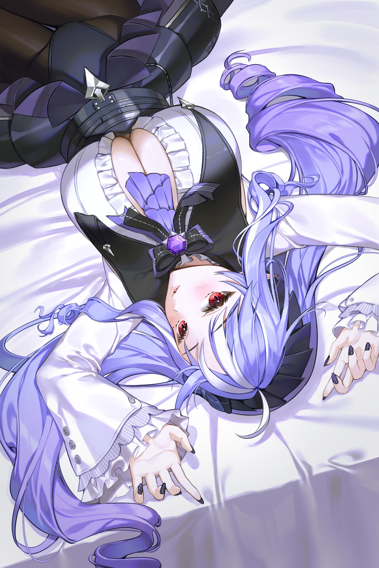 aile824, blush, breasts, dress, female, huge breasts, large breasts, lying on bed, vivian (zenless zone zero), vivian banshee, wide hips, zenless zone zero