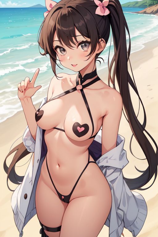 1female 1girls 1woman ai_generated beach beach_background breasts brown_hair cute cute_face female gray_eyes light-skinned light-skinned_female light_skin long_hair pasties small_boobs small_breasts sweater swimsuit swimwear white_sweater