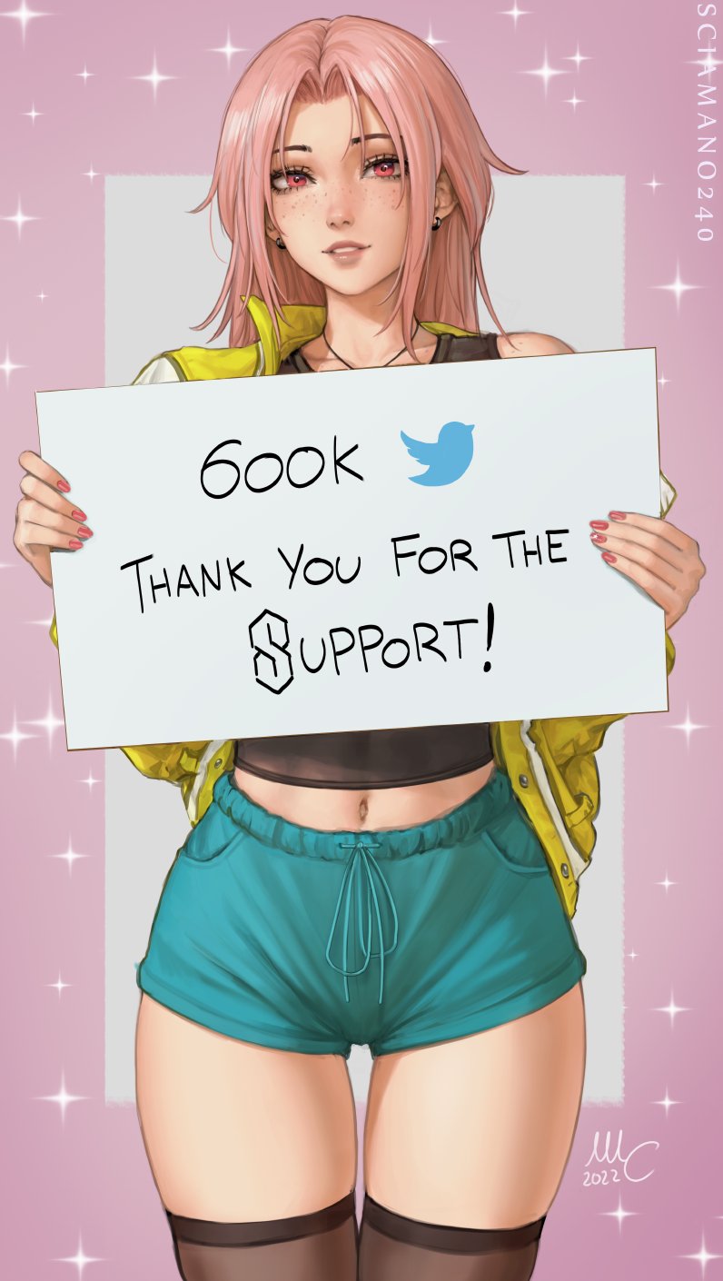 blue shorts, chloe (sciamano240), earrings, looking at viewer, mirco cabbia, oc, original, original character, pink eyes, pink hair, pink nail polish, pink nails, sciamano240, signature, simple background, smile, smiling, smiling at viewer, sparkles, twitter, twitter username