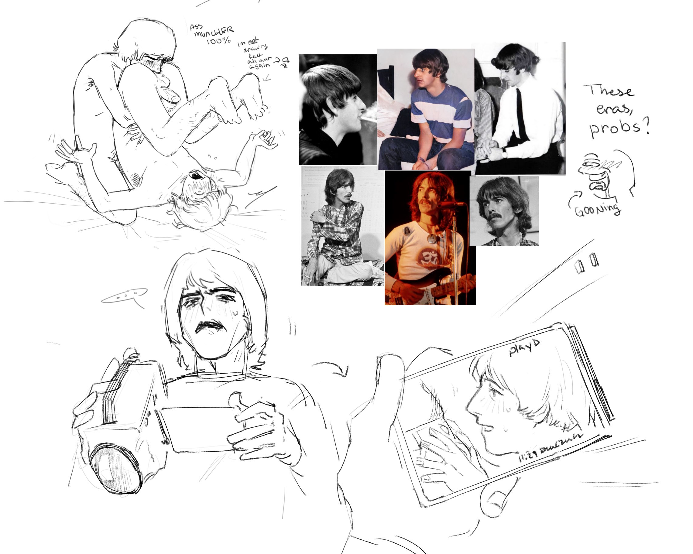 camera, gay, george harrison, line art, male only, male/male, mazapaneze, musician, nude, real person, recording video, rimming, ringo starr, sketch, sketch page, the beatles, yaoi
