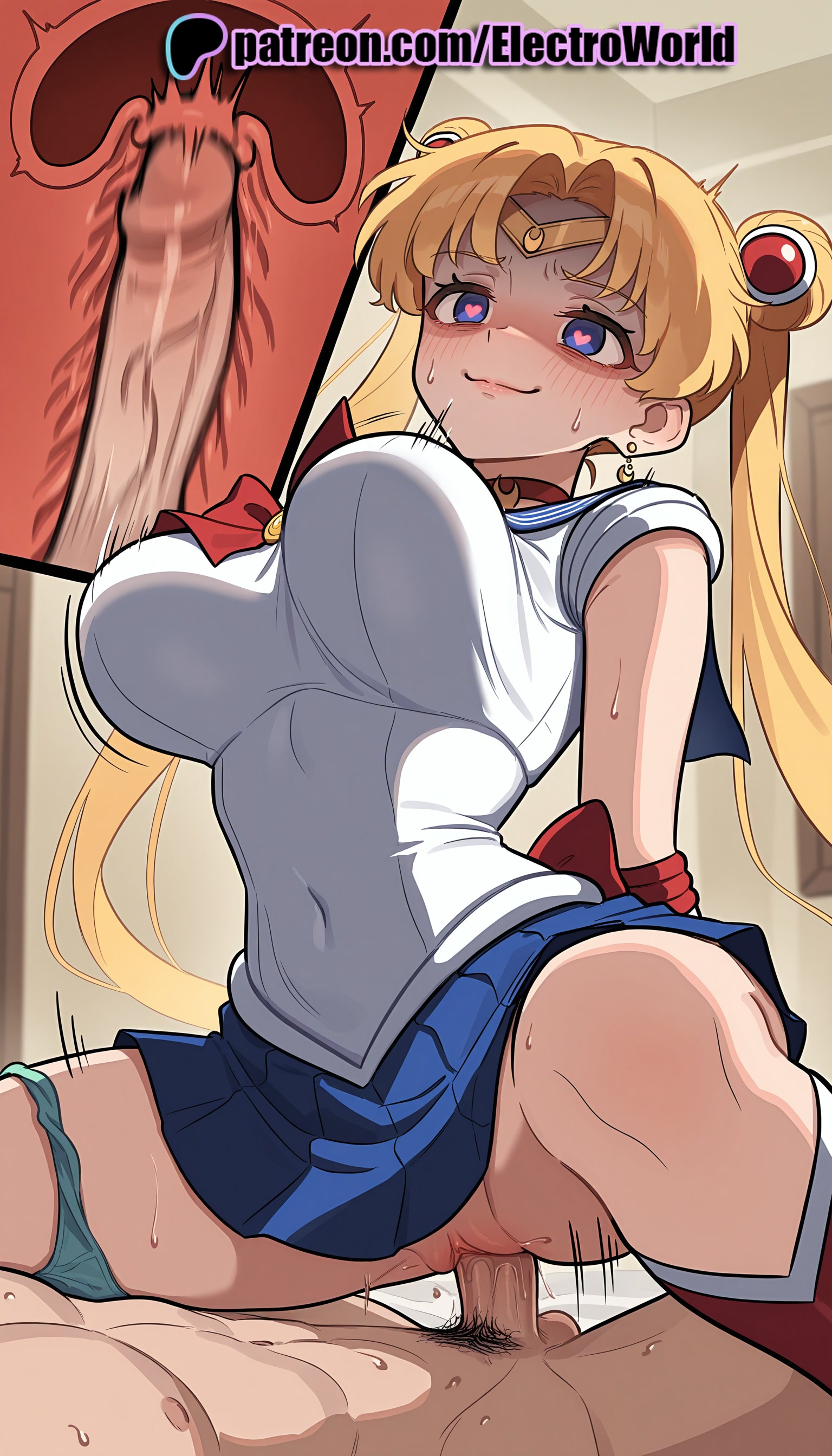 1boy, 1girls, 2025, ai generated, artist name, bishoujo senshi sailor moon, blonde hair, blue eyes, blue sailor collar, blue skirt, breasts, bust, cervix, chest, choker, clothed sex, cock, cowgirl position, crescent, crescent earrings, cross section, cum, cum in pussy, deep penetration, dick, earrings, ejaculation, electroworld, female, female on top, fucking, hair over shoulder, heart, heart-shaped pupils, hi res, high quality, high resolution, highres, intercourse, internal cumshot, long hair, love making, male, panties, panties around one leg, patreon, patreon username, penetration, penis, pussy, red choker, riding, sailor collar, sailor moon, sailor senshi uniform, sex, sexual intercourse, skirt, solo focus, stable diffusion, straddling, straight, symbol-shaped pupils, twintails, uncensored, underwear, usagi tsukino, uterus, vaginal penetration, watermark, x-ray