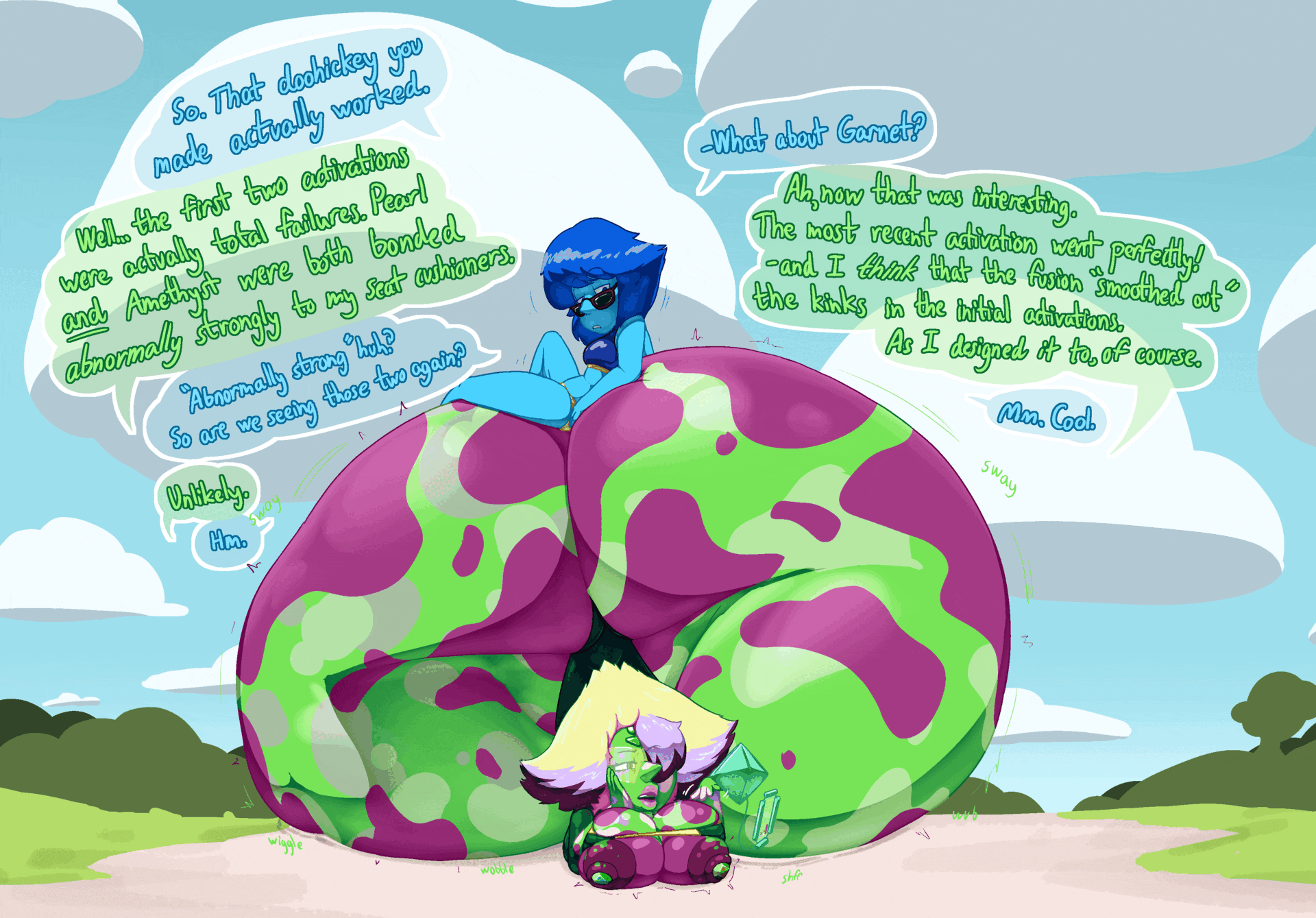 2girls, absorption vore, after vore, amethyst (steven universe), animated, ass, ass bigger than body, ass bigger than head, ass bigger than torso, ass body, ass expansion, assimilation, big breasts, blonde hair, blue body, blue hair, blue skin, bottom heavy, breasts, colossal ass, delt, fat ass, female, female pred, female prey, fusion, garnet (steven universe), gigantic ass, green body, green skin, huge ass, huge breasts, huge butt, hyper, hyper ass, lapis lazuli (steven universe), multicolored body, multicolored hair, multicolored skin, multiple prey, pearl (steven universe), peridot (steven universe), purple hair, steven universe, talking, vore