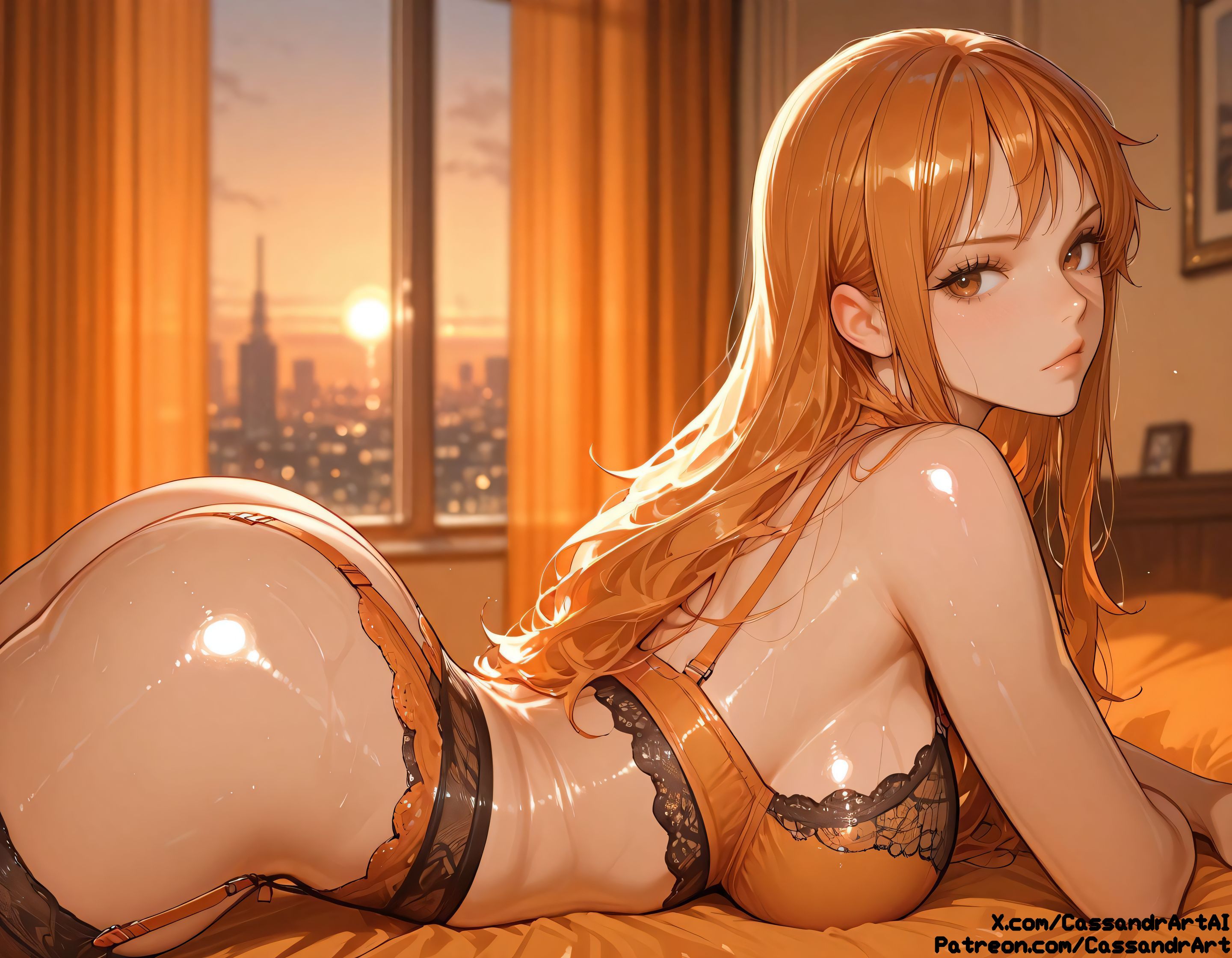 ai assisted, ai generated, anime, anime style, big ass, big breasts, breasts, cassandrart, clitoris, curvaceous, curvaceous body, curvaceous female, curvaceous figure, female, female focus, female only, fit female, ginger, girly, hourglass figure, huge ass, huge breasts, nami (one piece), one piece, orange hair, pussy, red hair, sexy, shiny, uncensored, vagina, voluptuous, voluptuous female, waifu, waifu diffusion