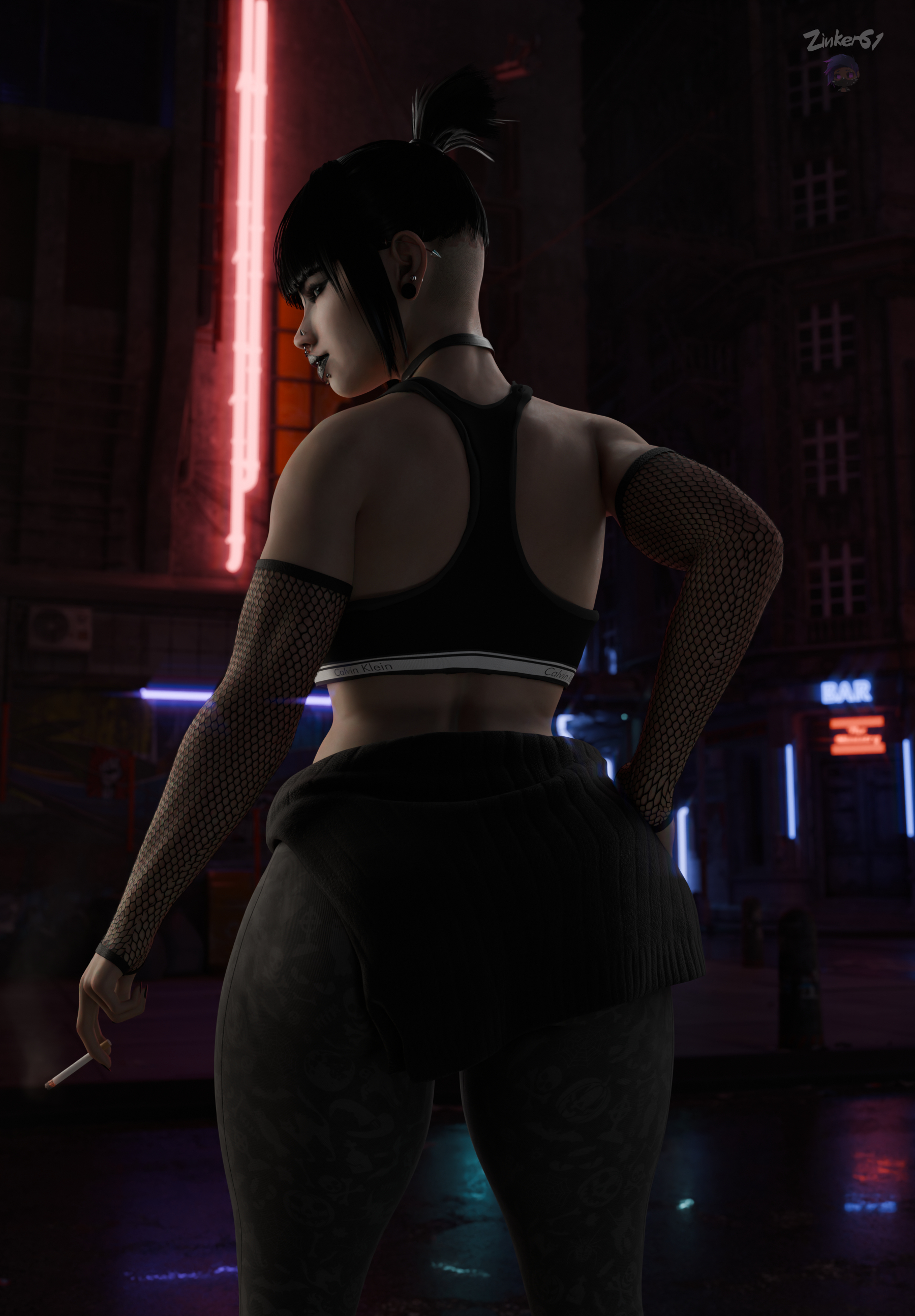 3d, ass, black hair, black lipstick, bra, cigarette, female, goth, goth girl, madeline zoldak, pinup, sfw, smoking, zinker