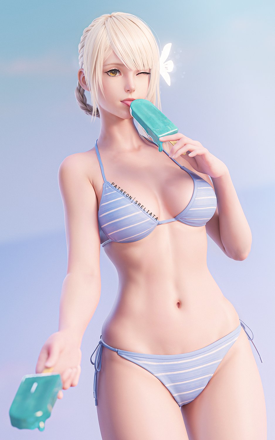 3d, 3d model, belly button, bikini, bob cut, breasts, brown eyes, female, female torso, flower, flower in hair, hair ornament, ice cream, kaine (nier), licking ice cream, looking at viewer, medium breasts, nier, nier (series), nier replicant, one eye closed, slim female, slim waist, sreliata, tagme, teenage female, teenager, tied hair, white hair, white skin, wide hips