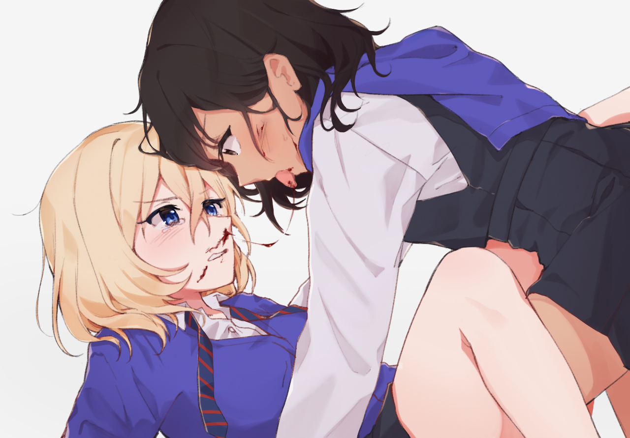 2girls, andou (girls und panzer), bc freedom school uniform, black dress, black hair, blonde hair, blood, blood trail, blue cardigan, blue eyes, blue neckwear, brown eyes, cardigan, catfight, commentary, dark skin, dark-skinned female, diagonal-striped neckwear, dress, dress shirt, female, frown, girls und panzer, kneeling, leaning forward, licking, long hair, long sleeves, looking at another, lying, medium hair, messy hair, multiple females, multiple girls, necktie, nosebleed, on back, open mouth, oshida (girls und panzer), pinafore dress, pleated dress, school uniform, sesame (sesame mas), shirt, short dress, simple background, sleeveless, sleeveless dress, striped neckwear, sweater around neck, tearing up, undone necktie, white background, white shirt, wing collar, yuri