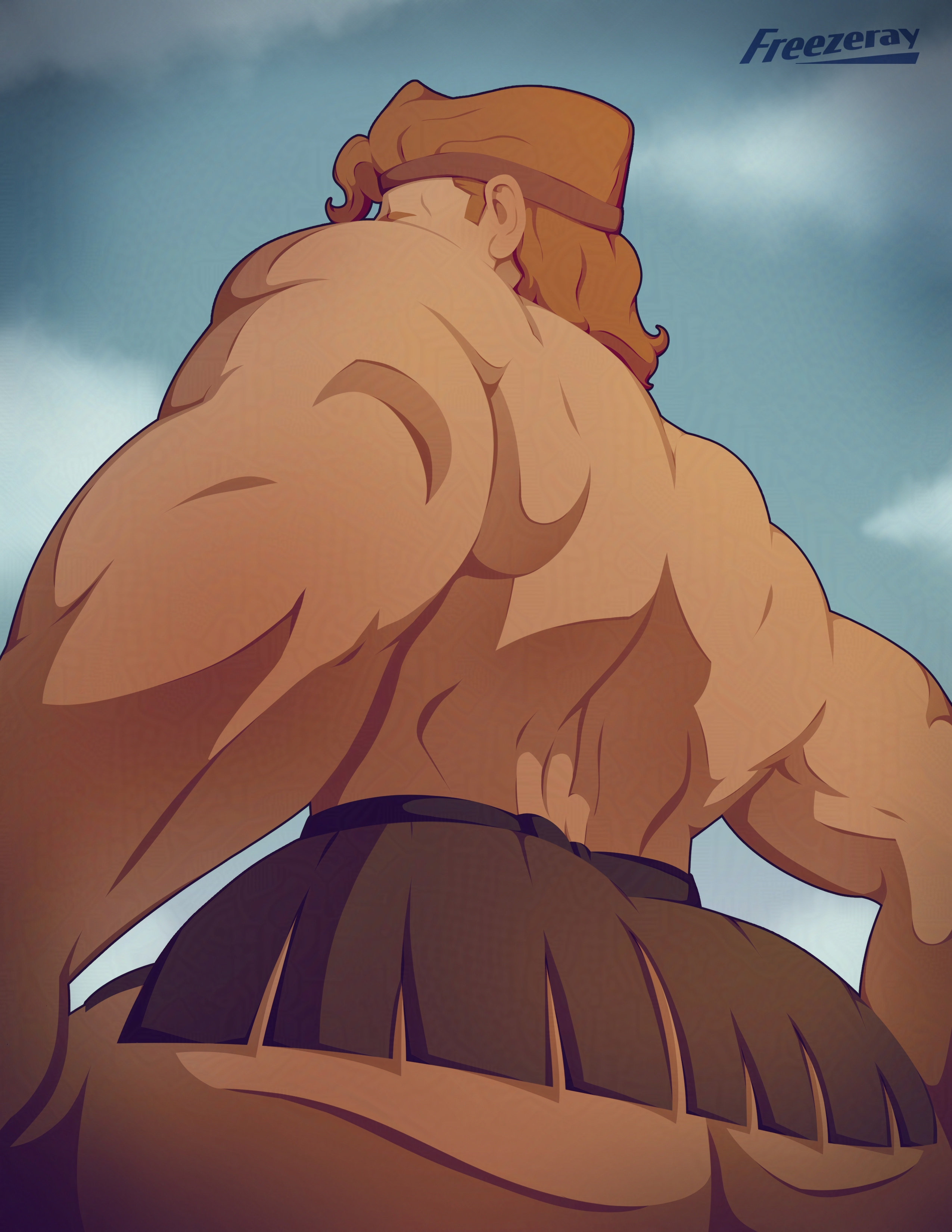1boy, ass, ass focus, back, back muscles, back view, bara, big ass, big muscles, breasts, bubble ass, bubble butt, demigod, disney, freezeray04, ginger, greek mythology, headband, hercules (1997 film), hercules (character), hercules (disney), himbo, huge ass, huge butt, large ass, large butt, male, male only, male with breasts, male/male, miniskirt, muscles, muscular, muscular back, muscular male, orange hair, outdoors, outside, skirt, solo, solo focus, solo male, topless, yaoi