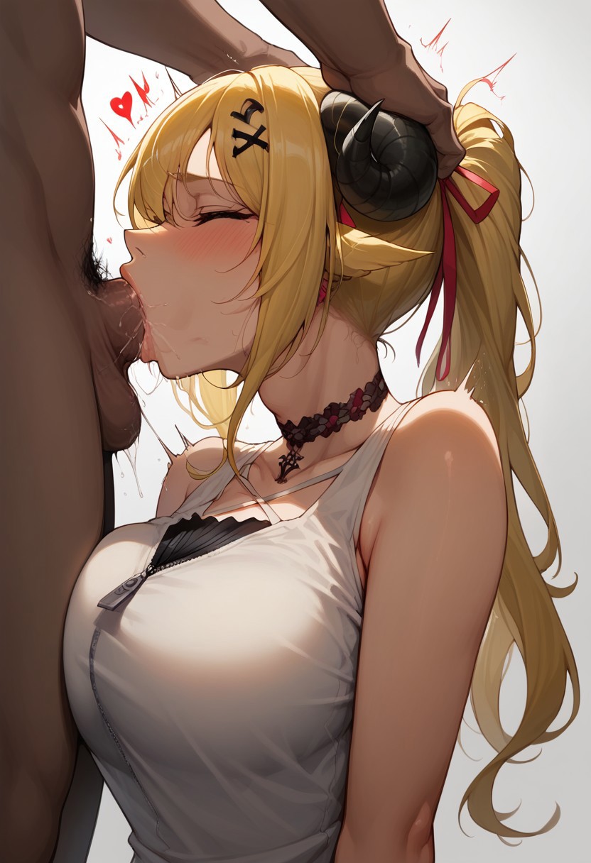 ai generated, blonde hair, blowjob, blue eyes, breasts, breasts squish, deepthroat, face fucking, female, head grab, heart, hexd, holoforce, hololive, hololive japan, horns, irrumatio, large breasts, rough oral, sheep girl, throat bulge, tsunomaki watame, virtual youtuber