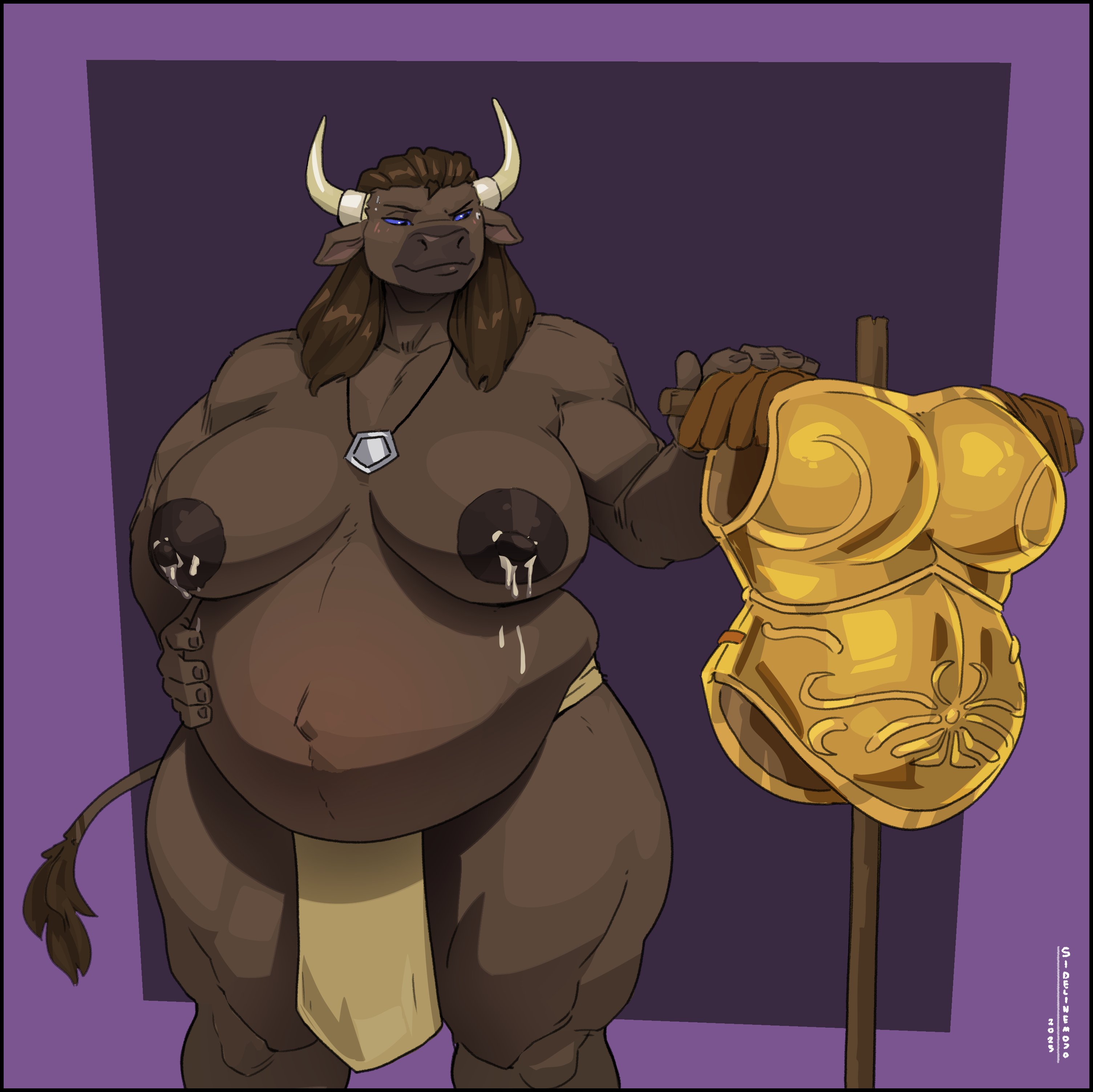 2025, 5 fingers, absurd res, anthro, areola, armor, ass, belly, biceps, big belly, big breasts, biped, black border, blue eyes, bodily fluids, border, bottomwear, bovid, bovine, breasts, brown areola, brown body, brown fur, brown hair, brown nipples, clothed, clothed anthro, clothed female, clothing, curvy figure, dated, digital drawing (artwork), digital media (artwork), european mythology, eyebrows, female, fingers, fur, greasymojo, greek mythology, hair, hi res, horn, horn jewelry, horn ring, huge belly, huge breasts, humanoid hands, jewelry, lactating, loincloth, mammal, milk, minotaur, minotaur female, muscular, muscular anthro, muscular arms, muscular female, muscular legs, muscular thighs, mythology, navel, nihea avarta, nipples, outie navel, outside border, pecs, pecs with breasts, pendant, pregnant, pregnant anthro, pregnant female, purple border, ring (jewelry), solo, standing, sweat, tail, tail tuft, thick thighs, topless, topless anthro, topless female, topwear, tuft, voluptuous, voluptuous anthro, voluptuous female, wide hips