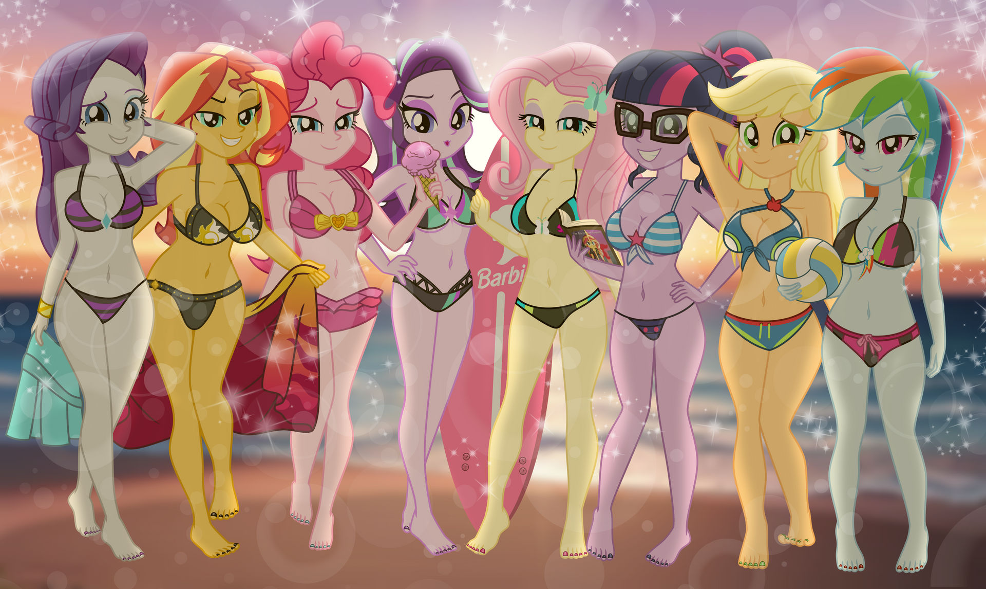 2010s, 2025, 6+girls, applejack (eg), applejack (mlp), aqua eyes, armpits, ass, ass focus, bare arms, bare back, bare legs, bare midriff, bare shoulders, bare thighs, beach, beach background, belly button, bikini, bikini bottom, bikini top, black bikini, black bikini bottom, black bikini top, black toenail polish, black toenails, blonde hair, blue bikini, blue bikini bottom, blue bikini top, blue eyes, blue eyeshadow, blue toenail polish, blue toenails, book, breasts, butterfly hair ornament, cleavage, deviantart link, diamond hair ornament, emeraldblast63, equestria girls, eyeshadow, face freckles, female, female only, fluttershy (eg), fluttershy (mlp), freckles, friendship is magic, green eyes, green highlights, green toenail polish, green toenails, hair ornament, hasbro, ice cream, looking at viewer, magenta eyes, midriff, multiple females, multiple girls, my little pony, my little pony equestria girls, nail polish, navel, pink bikini, pink bikini bottom, pink bikini top, pink eyeshadow, pink hair, pink highlights, pink surfboard, pink toenail polish, pink toenails, pinkie pie (eg), pinkie pie (mlp), princess twilight sparkle (mlp), purple bikini, purple bikini bottom, purple bikini top, purple eyes, purple hair, purple toenail polish, purple toenails, rainbow bikini, rainbow dash (eg), rainbow dash (mlp), rainbow hair, rarity (eg), rarity (mlp), red hair, red toenail polish, red toenails, sci-twi, seaside, sparkle, sparkles, starlight glimmer, starlight glimmer (eg), striped bikini, striped bikini top, sun bikini, sunset, sunset shimmer, surfboard, toenail polish, towel, towel drop, towel open, twilight sparkle (mlp), underboob, yellow highlights, yellow ribbon