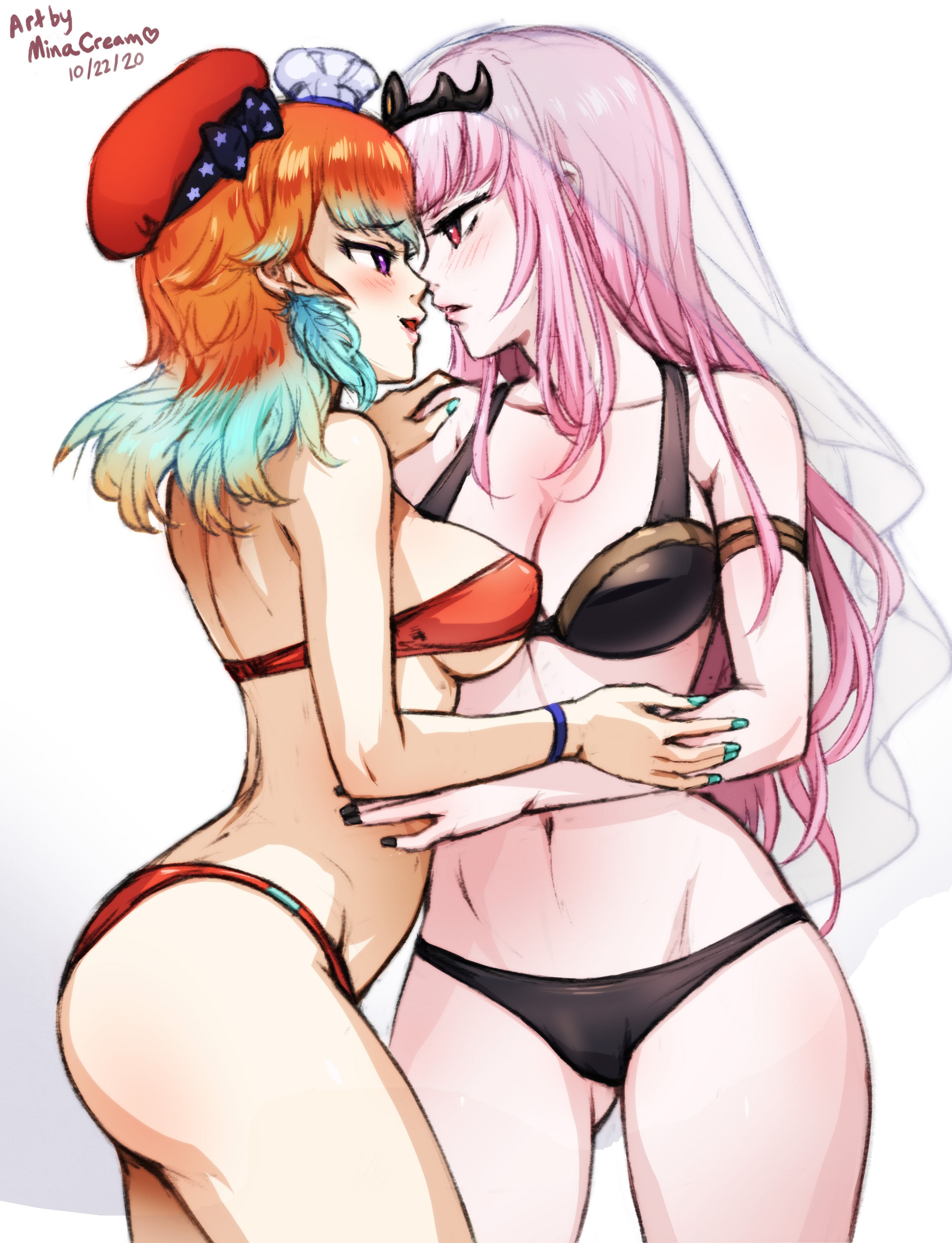 2020, 2girls, absurd res, ass, ass visible through thighs, bare shoulders, beret, big breasts, black nails, blush, bra, breasts, chef hat, cleavage, collarbone, earrings, feather earrings, female, female only, gradient hair, hat, hi res, hips, holding each other, hololive, hololive english, hololive myth, leaning forward, legwear, light skin, light-skinned female, long hair, medium hair, minacream, mori calliope, multicolored hair, multiple hats, nail polish, navel, open mouth, orange hair, orange hat, panties, pink hair, purple eyes, red beret, red eyes, red hat, source request, standing, takamori (hololive), takanashi kiara, takanashi kiara (1st costume), turquoise nails, veil, virtual youtuber, white background, wide hips, yuri
