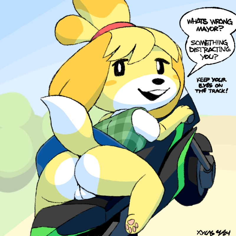 animal_crossing anthro ass bike canine clothing dialogue dog english_text female female_only fur furry furry_only isabelle_(animal_crossing) looking_at_viewer looking_back mammal mario_(series) mario_kart motorcycle nintendo no_panties open_mouth plump_labia pussy shih_tzu skirt solo tail text upskirt video_games wheels xylas