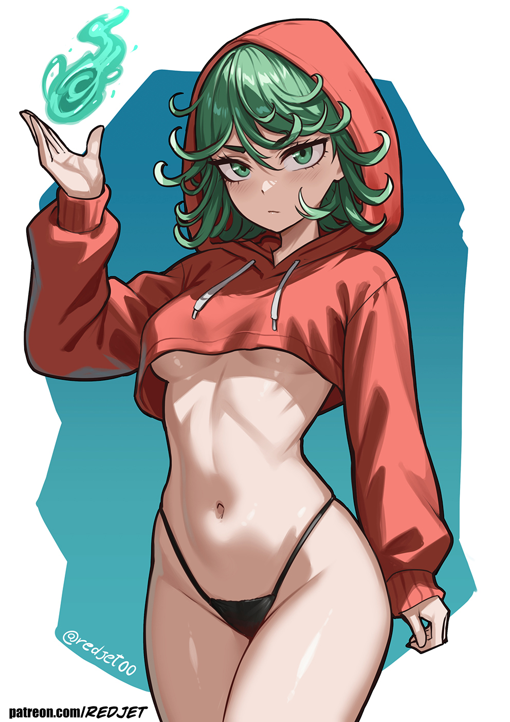 1girls, artist name, breasts, cropped hoodie, female, female only, green eyes, green eyes female, green hair, green hair female, green-eyed female, green-haired female, light skin, light-skinned female, line art, lineart, looking at viewer, one-punch man, panties, petite, petite body, redjet, short hair, short hair female, short-haired female, simple background, slender body, small breasts, sole female, solo, tatsumaki, thick thighs, thong