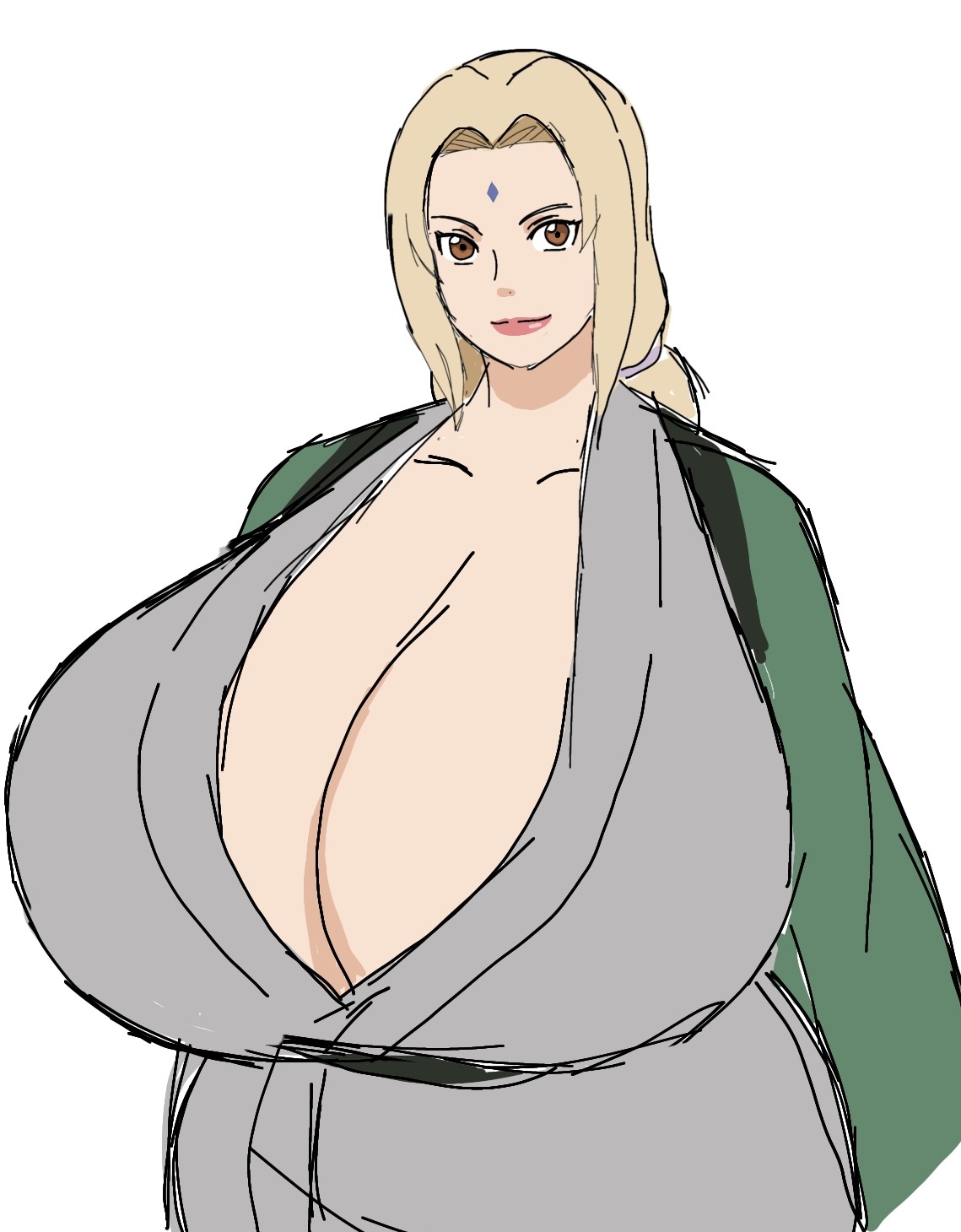 2d, 2d (artwork), 2d artwork, alternate breast size, arms down, big breasts, blonde hair, blonde-haired female, breasts, breasts bigger than head, closed mouth, female, female focus, female only, gilf, hazel eyes, hokage, japanese, japanese clothes, japanese female, kimono, large breasts, lips, mark on face, momiji (artist), naruto, naruto (series), naruto shippuden, ninja, ninja girl, smile, smiling, smiling at viewer, solo, solo female, solo focus, tsunade, white background