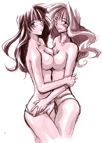 2girls artist_request asymmetrical_docking blush cowboy_shot facing_viewer hug long_hair medium_breasts monochrome panties panties_only pointy_chin pop'n_music rie-chan sanae-chan standing topless_female yuri