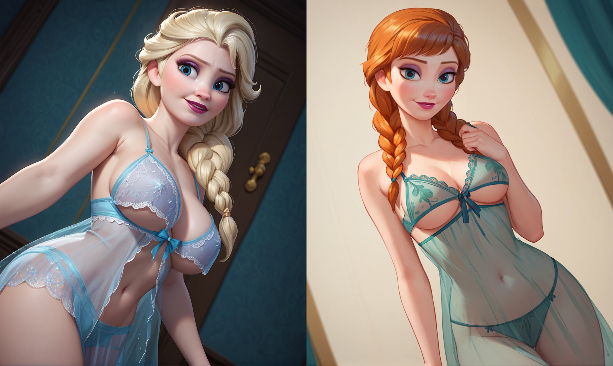 2d, 2girls, 2koma, ai assisted, ai generated, anna (frozen), big breasts, blonde female, blonde hair, blonde-haired female, bra, braid, braided hair, braided ponytail, braided twintails, braids, breasts, brown hair, curvy, disney, disney princess, elsa (frozen), female, frozen (film), frozen 2, ginger, ginger hair, hair, large breasts, lingerie, medium breasts, negligee, nightgown, no nudity, no sex, orange hair, panties, proriforator, see-through, see-through clothing, sheer, sheer clothing, sisters, skinny, small breasts, thighs, transparent clothing, underboob