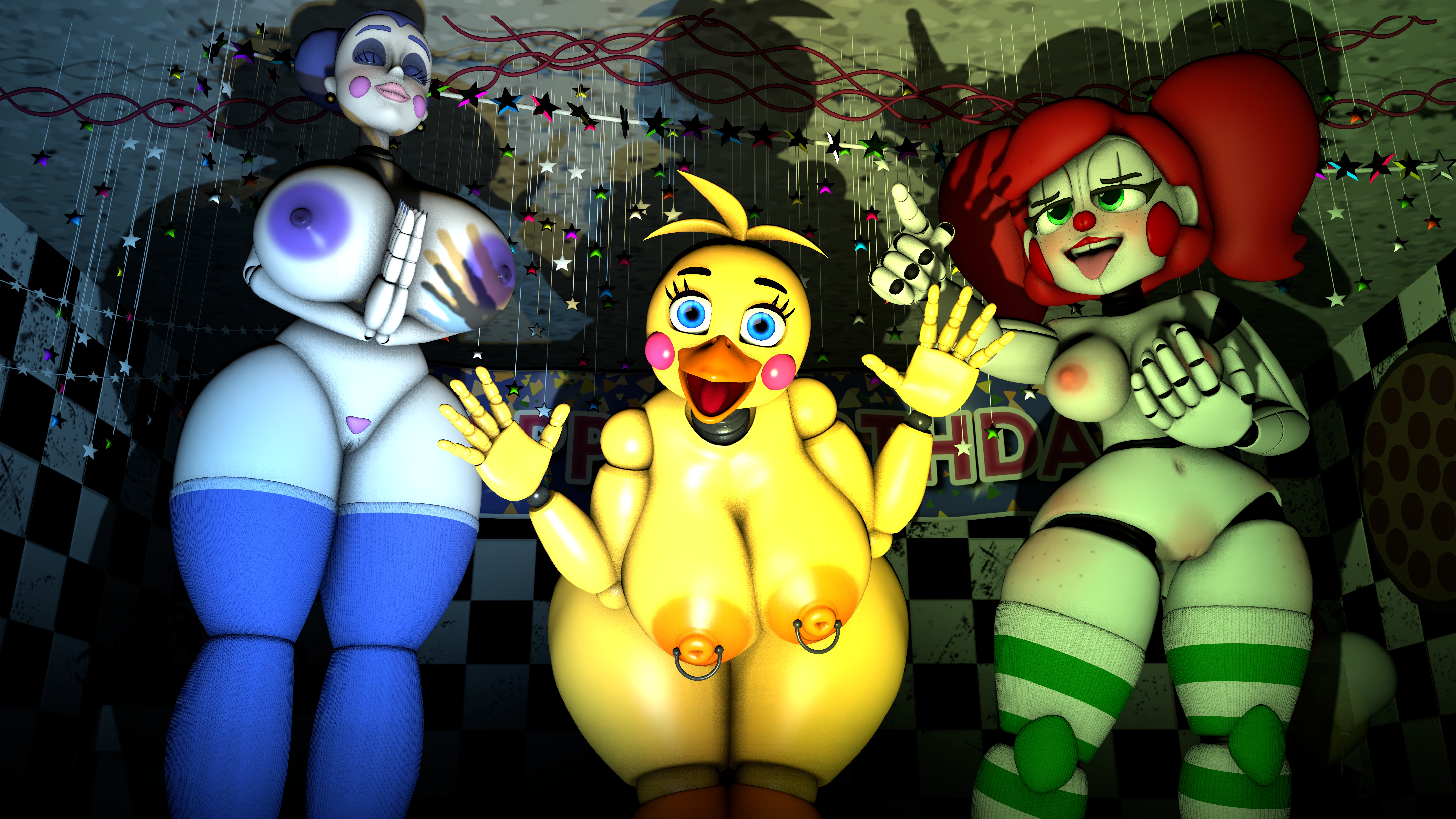 3d, 3girls, alternate version available, animatronic, animatronic female, animatronic suit, areolae, ass, au, baby (fnafsl), ballora, ballora (fnafsl), ballora (spiderjunior10), beak, big ass, big breasts, blue eyes, blush, breasts, circus baby, circus baby (fnaf), closed eyes, exposed, exposed breasts, exposed nipples, exposed pussy, exposed vagina, female, female only, five nights at freddy's, five nights at freddy's 2, five nights at freddy's: sister location, freckles, freckles on face, freckles on thighs, green eyes, happy, heart-shaped pupils, huge breasts, large areolae, lipstick, long socks, masked, naked, naked female, piercing nipples, pircing, provocative, purpleyblack, pussy, pussy blush, red hair, red lipstick, runaboo chica, scenery, sfm, show, show stage, slim waist, smile, socks, source filmmaker, stage, striped socks, summer of 87 baby, taller female, thick, thick ass, thick thighs, tongue, tongue out, toy chica (fnaf), trio female, twintails, uncensored, uncensored breasts, uncensored nipples, uncensored pussy, uncensored vagina, white body, white skin, yellow body, yellow skin