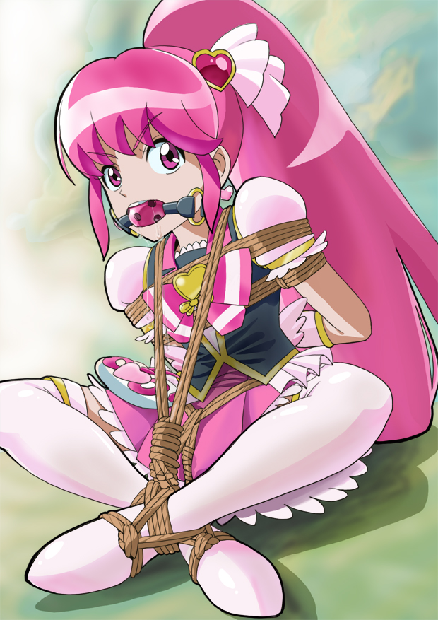 aino_megumi bai_asuka ball_gag bondage clothing cure_lovely dress drooling female gag gagged happinesscharge_precure! magical_girl pink_eyes pink_hair ponytail precure pretty_cure rope stockings tied_hair