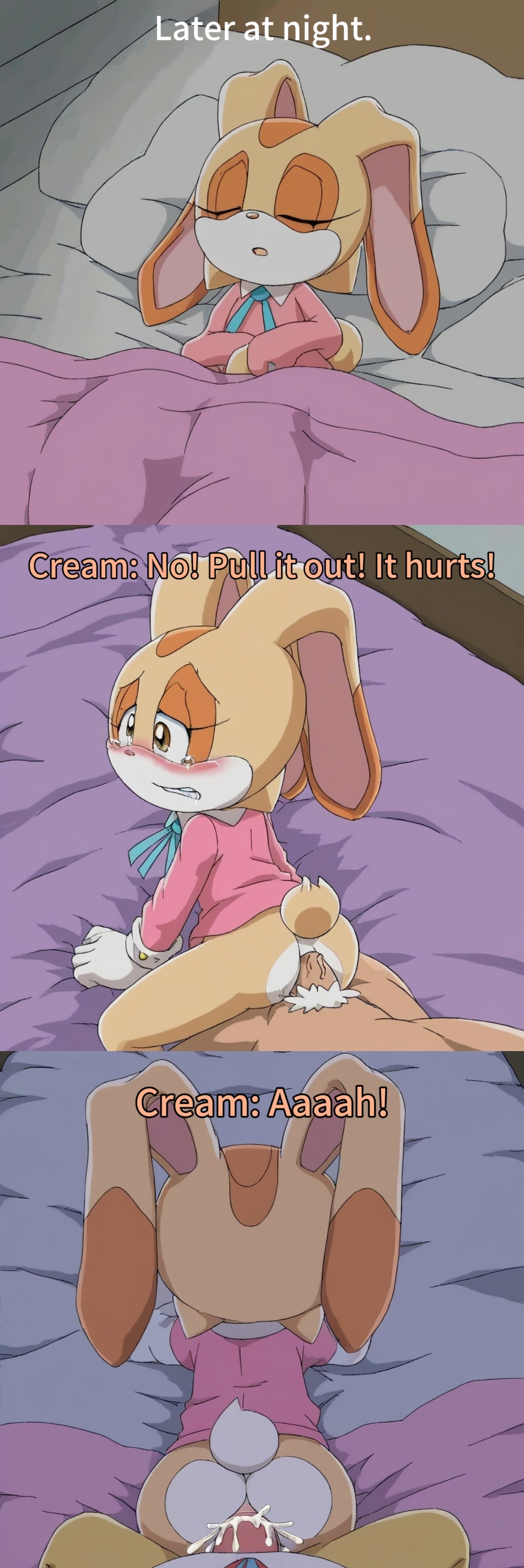 ai generated, anal, ass, cream the rabbit, cum, cum in ass, cum inside, doggy style, female, furry, furry ears, furry female, furry tail, rabbit, rabbit ears, rabbit girl, rabbit tail, rape, raped, sex, smaller female, sonic (series), sonic the hedgehog (series), tears, text