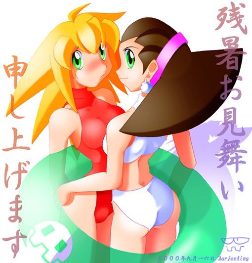 2girls bikini blonde_hair breast_press brown_hair female green_eyes inner_tube mega_man mega_man_legends multiple_girls roll_caskett skull_earrings swimsuit tron_bonne yuri