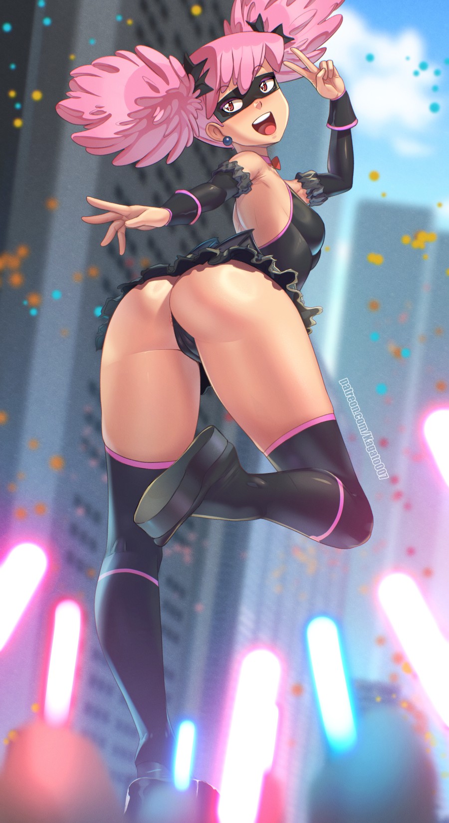 anus anus_peek armpits ass ball_earrings black_boots black_dress black_gloves boku_no_hero_academia boots breasts cameltoe confetti crowd dress elbow_gloves eye_mask female from_behind full_body gloves glowstick haneyama_kazuho highres holding holding_glowstick kagato007 large_breasts looking_at_viewer looking_back medium_hair pink_hair platform_boots red_eyes short_twintails small_breasts smile solo standing standing_on_one_leg teeth thigh_boots twintails upper_teeth_only v
