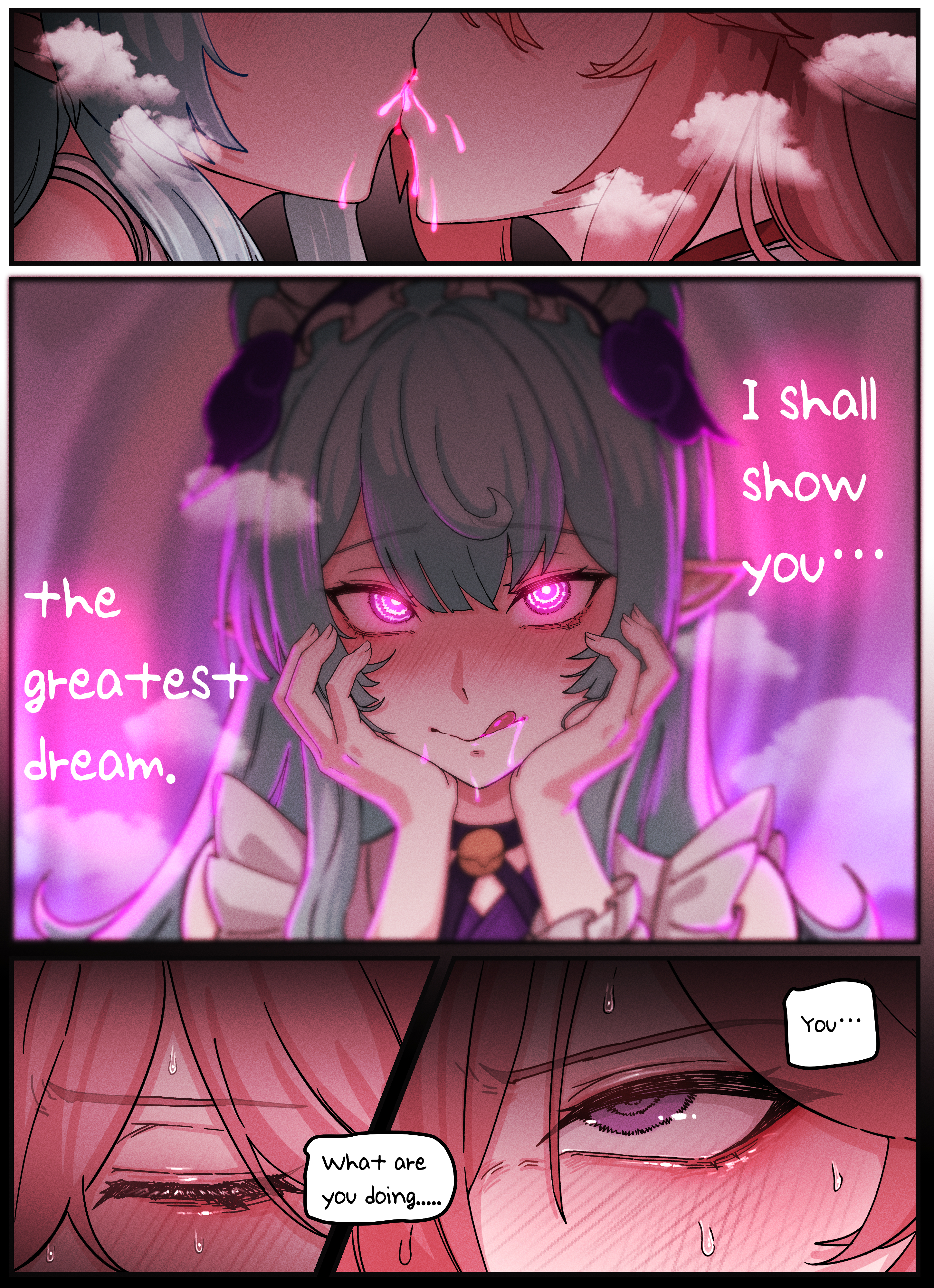 :q, 2girls, absurdres, aqua hair, blush, close-up, comic, female, furrowed brow, genshin impact, girls kissing, glowing, glowing eyes, hands on own cheeks, hands on own face, highres, horori (halloweenday309), inazuma girls, long hair, multiple females, multiple girls, nose blush, paid reward available, pink hair, pointy ears, purple eyes, shared food, sweat, tongue, tongue out, translated, v-shaped eyebrows, yae miko, yumemizuki mizuki