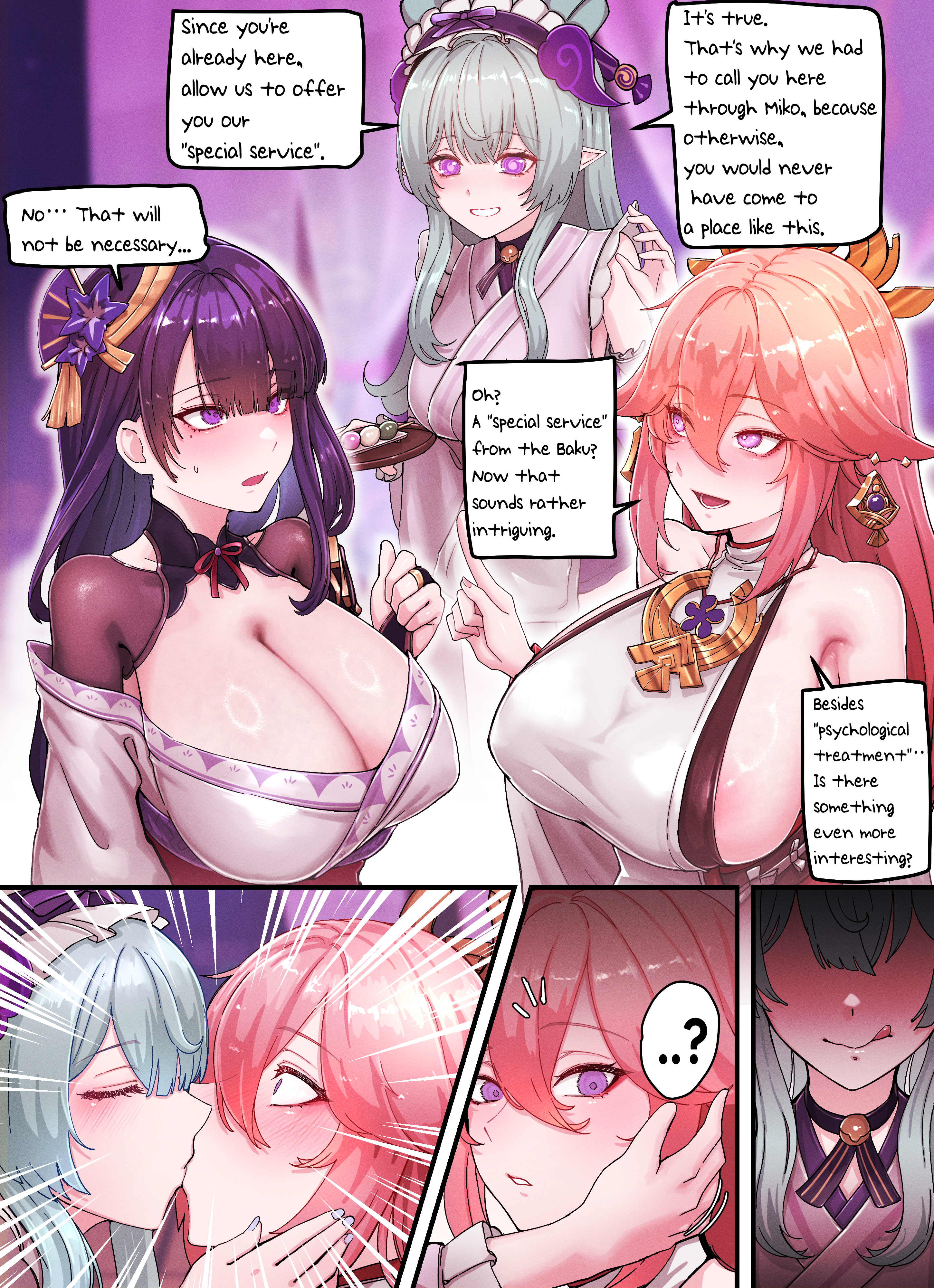3girls, absurdres, animal ears, aqua hair, bare shoulders, black choker, blush, braid, breasts, choker, cleavage, covered nipples, detached sleeves, earrings, fan hair ornament, female, flower, fox ears, fox girl, gem, genshin impact, girls kissing, hair flower, hair ornament, highres, horori (halloweenday309), huge breasts, inazuma girls, japanese clothes, jewelry, kimono, long hair, looking to the side, low-braided long hair, low-tied long hair, mole, mole under eye, multiple females, multiple girls, necktie, nontraditional miko, obi, obiage, obijime, parted bangs, pink hair, pointy ears, purple eyes, purple hair, purple kimono, raiden shogun, red necktie, red ribbon, ribbon, sash, shrug (clothing), sideboob, sidelocks, smile, yae miko, yumemizuki mizuki