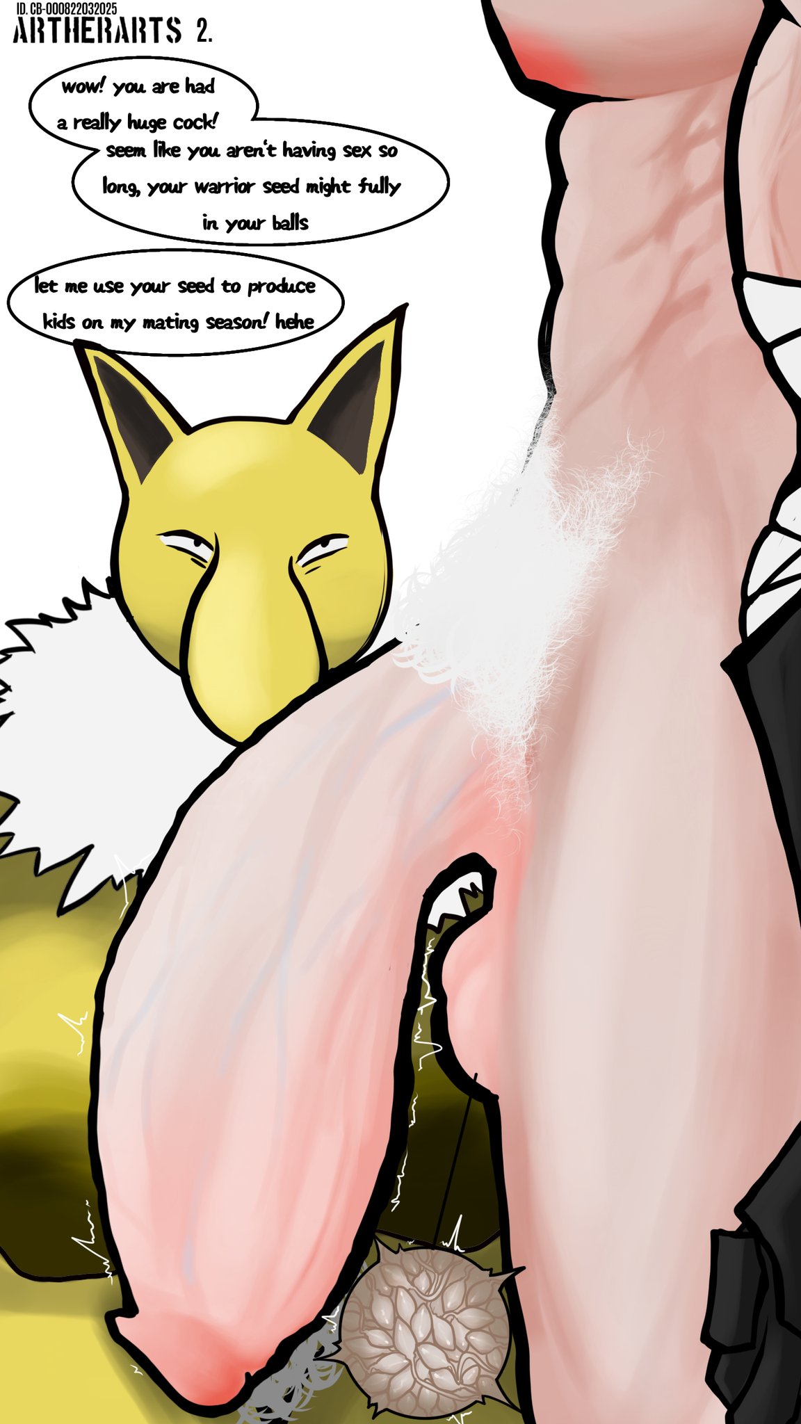 1boy, 1girls, artherarts, balls, bandage, bandaged arm, bandages, berserker, berserker (class), big nose, big penis, black nipples, blue veins, english dialogue, english text, female, female hypno, female pokemon/male human, flaccid, flaccid penis, generation 1 pokemon, hanging balls, hanging penis, human, humanoid genitalia, humanoid penis, hypno, imminent impregnation, imminent penetration, imminent sex, imminent vaginal, inside balls, inside view, large areolae, looking up, looking up at partner, male, male human/female pokemon, massive penis, muscles, muscular, muscular male, nude, nude female, nude male, partially clothed, partially clothed male, penis, pink nipples, pokemon, pokemon (species), pussy, speech bubble, sperm cell, sperm cells, throbbing, throbbing penis, veiny penis, watermark, white background, white fur, white hair, yellow body