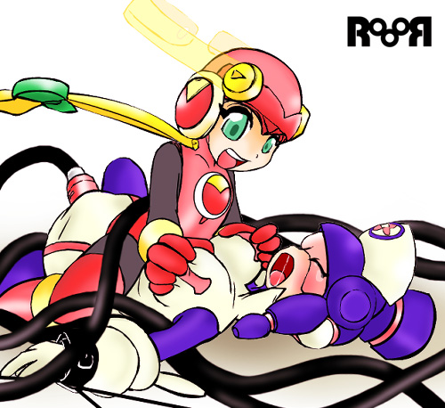 2girls bodysuit breast_grab breasts female flat_chest gloves green_eyes large_breasts lowres meddy.exe mega_man mega_man_battle_network mega_man_nt_warrior multiple_girls nurse_cap open_mouth orange-tinted_eyewear pink-tinted_eyewear roll.exe smile tinted_eyewear visor yuri